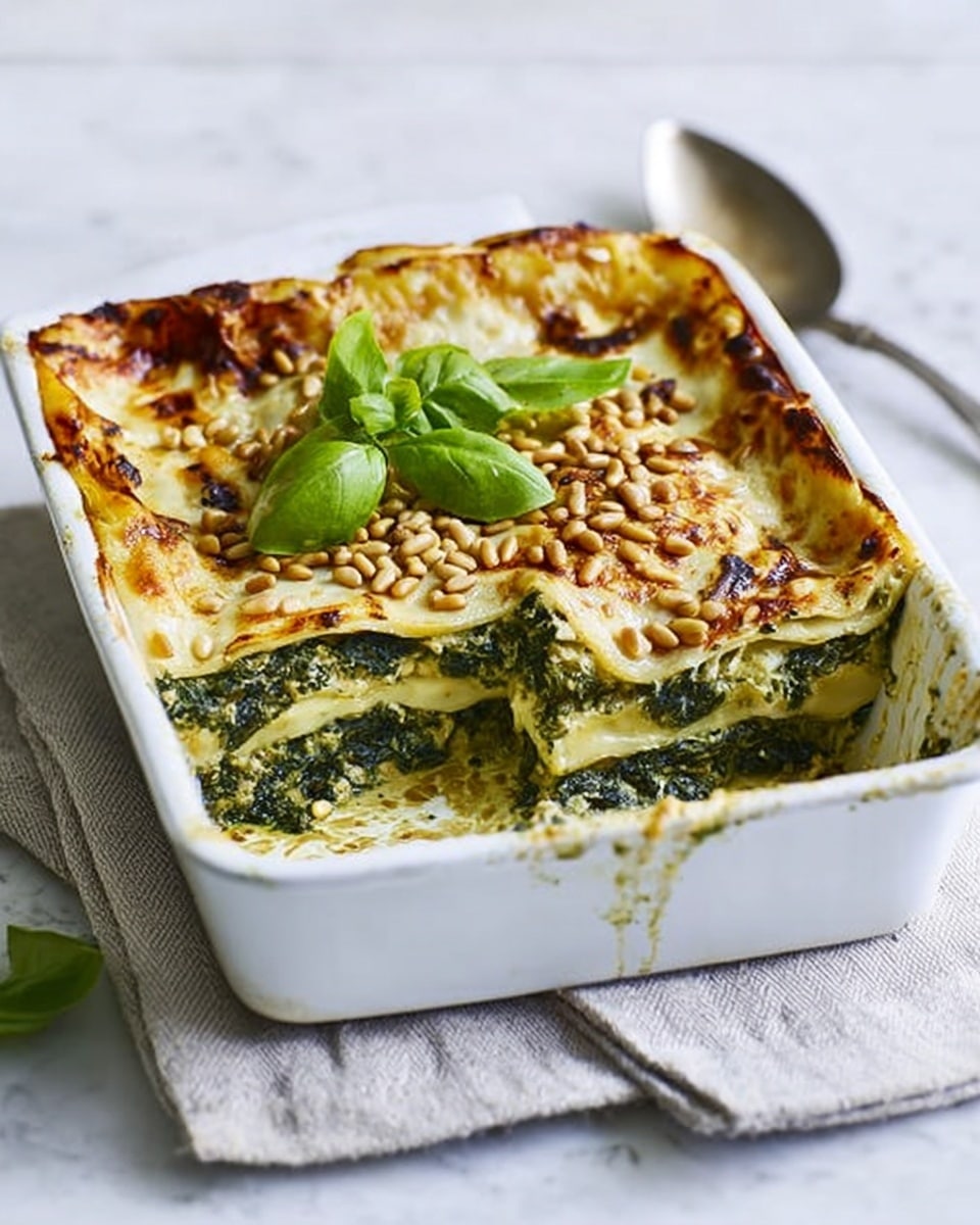 A white square baking dish holds a partly eaten layered lasagna with golden brown melted cheese on top, sprinkled with toasted pine nuts and fresh green basil leaves. One corner is missing, revealing the bottom layer filled with a vibrant green spinach mix that appears creamy and moist. The lasagna sheets are slightly browned and thin, contrasting with the bright green filling below. The dish is placed on a light beige cloth over a white marbled surface, next to a silver spoon. photo taken with an iphone --ar 4:5 --v 7