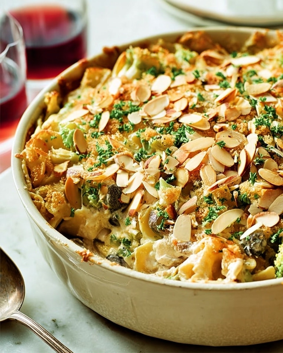 A creamy casserole is shown in a large white ceramic round dish with two small handles, sitting on a white marbled surface. The top layer has green herbs, sliced almonds, and small pieces of broccoli, giving it a crunchy texture. Below, a thick yellow sauce covers the mix of noodles and cashews that peek through the cheese layer. The cheese is melted and slightly browned, creating a gooey texture. There are multiple layers of noodles, sauce, and vegetables, each blending creamy yellow, green, and white colors. A glass of red wine and a spoon are partly visible in the background. Photo taken with an iphone --ar 4:5 --v 7