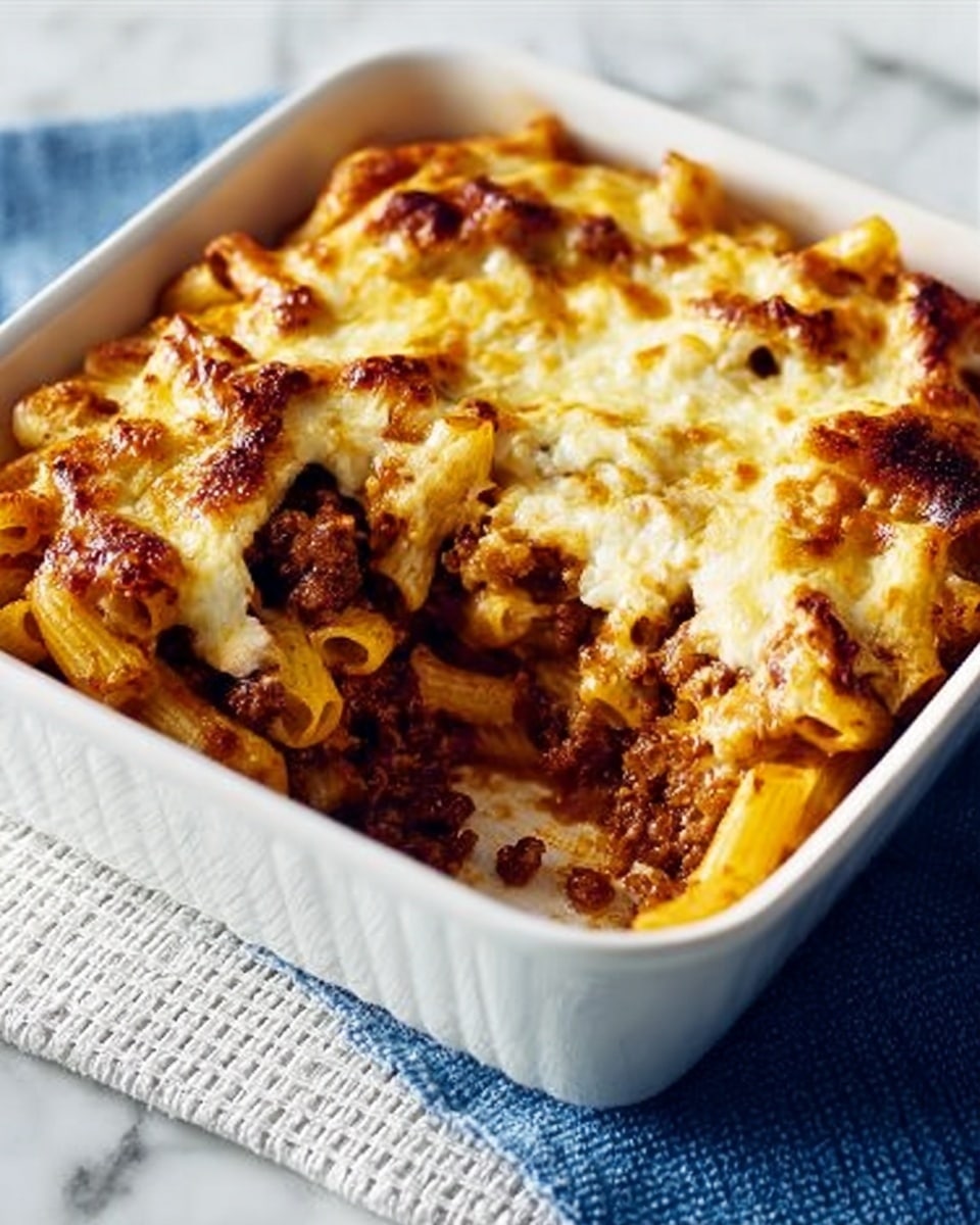 A white square baking dish holds a baked pasta casserole with at least three visible layers. The bottom layer is a dark reddish-brown meat sauce visible through the pasta, which forms a middle layer of short, tube-shaped penne noodles. The top layer is golden brown melted cheese with bubbly, slightly crispy spots, giving a textured and appetizing look. The baking dish is placed on a white textured surface with a blue cloth to the right. The background is a white marbled texture photo taken with an iphone --ar 4:5 --v 7