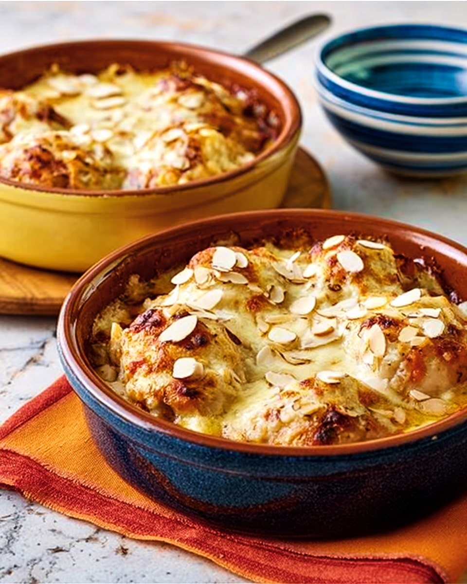 The image shows two round casserole dishes, both white on the outside with dark rims, filled with baked cheesy chicken. The dish in the front is fully visible, showing a thick layer of melted, bubbly yellow cheese on top, with pieces of browned chicken and sprinkled sliced almonds. Beneath the cheese layer, patches of red tomato sauce peek out, adding a rich color contrast. The casserole dishes sit on a white marbled surface with a textured orange cloth under the front dish. In the background, there is a striped bowl and blurred items suggesting a cozy kitchen setting. Photo taken with an iphone --ar 4:5 --v 7