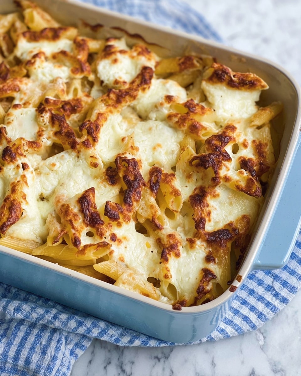 The image shows a white baking dish filled with baked pasta topped with melted, slightly browned cheese. The pasta is golden brown, and the cheese layer is creamy white with golden spots where it has browned in the oven. The dish rests on a blue and white striped cloth over a white marbled surface. The cheese layer is unevenly spread over the penne pasta, showing the ridged texture of the pasta beneath. Photo taken with an iphone --ar 4:5 --v 7