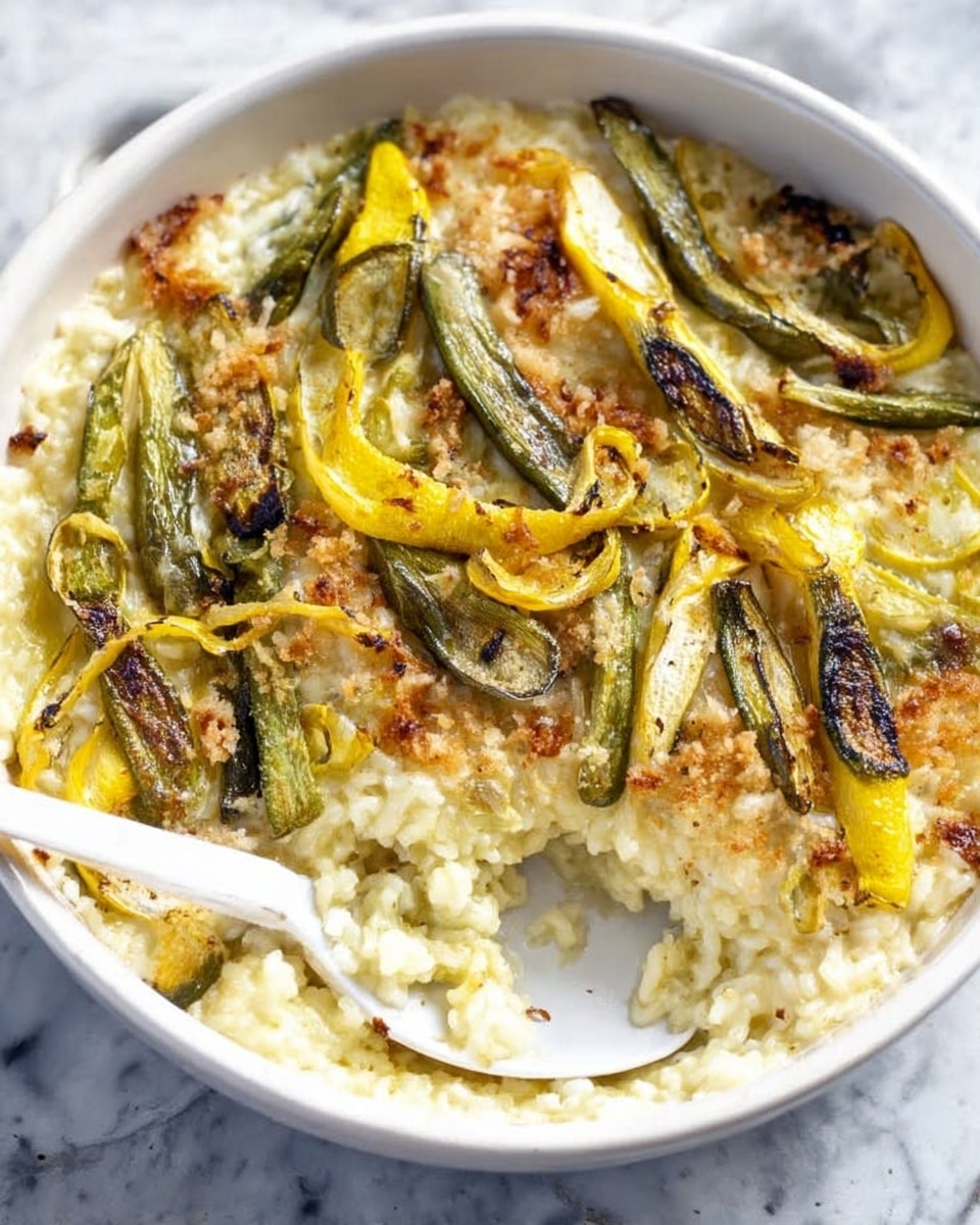 The image shows a white round baking dish filled with creamy rice topped with several pieces of roasted zucchini cut lengthwise, displaying a mix of green and yellow colors. The rice is creamy white, soft, and slightly thick, forming the bottom and middle layers, while the roasted zucchini pieces with browned edges are scattered on top. A silver spoon rests inside the dish, placed near the missing portion that reveals the rice texture. The dish sits on a white marbled surface, adding a clean and bright background. Photo taken with an iphone --ar 4:5 --v 7