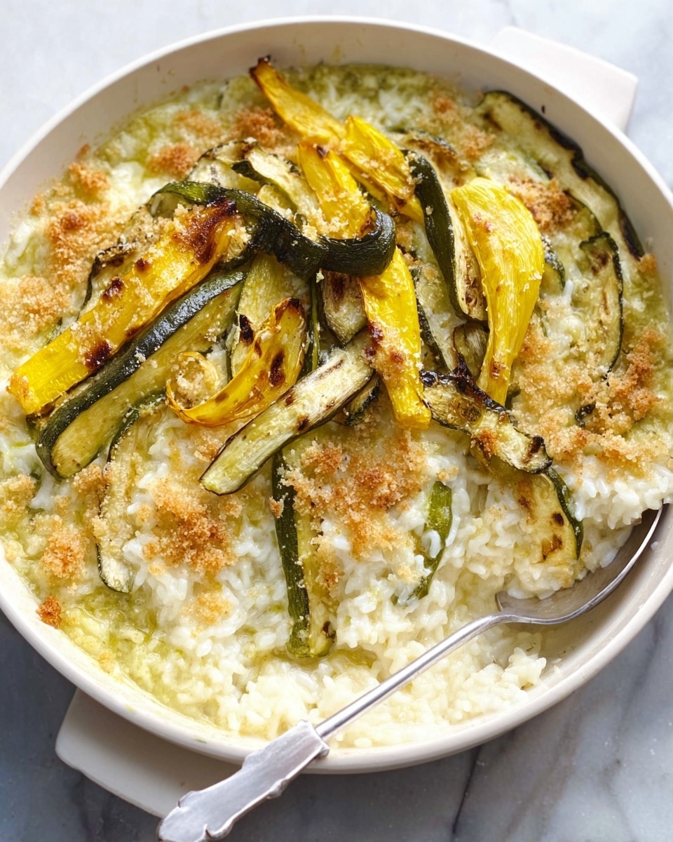 The image shows a round white baking dish filled with a creamy rice casserole topped with several long slices of roasted zucchini, both green and yellow, arranged on top. The casserole has a golden, slightly browned breadcrumb crust with a soft and creamy texture beneath it. A spoon rests inside the dish, slightly scooping out some of the creamy rice, revealing the soft, moist rice layer under the crust. The baking dish is placed on a white marbled surface. Photo taken with an iphone --ar 4:5 --v 7