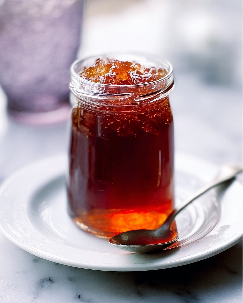 A tall, clear glass jar filled with dark red jelly that has a shiny, slightly uneven surface showing its gel texture. The jar sits on a white plate with a smooth, clear finish, and a metal spoon rests next to it on the plate. The background is softly blurred with hints of light colors, and the jar is the clear focus. photo taken with an iphone --ar 4:5 --v 7