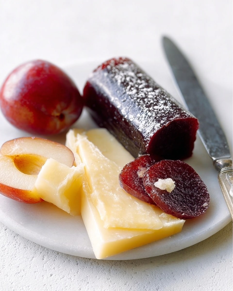 The image shows a close-up of a white rectangular plate on a white marbled surface, featuring a small wedge of pale yellow cheese with a smooth texture and a thick, dark red fruit paste shaped like a curled ribbon. Next to the fruit paste, there are two small red plums, one whole and one cut in half showing its light yellow inside and seed. A triangular slice of cheese rests in the foreground with a small piece of the dark red fruit paste placed on top. A knife with a black handle lies beside the cheese on the plate. The colors are soft and natural, with the deep red of the fruit paste and plums contrasting against the creamy yellow cheese. Photo taken with an iphone --ar 4:5 --v 7