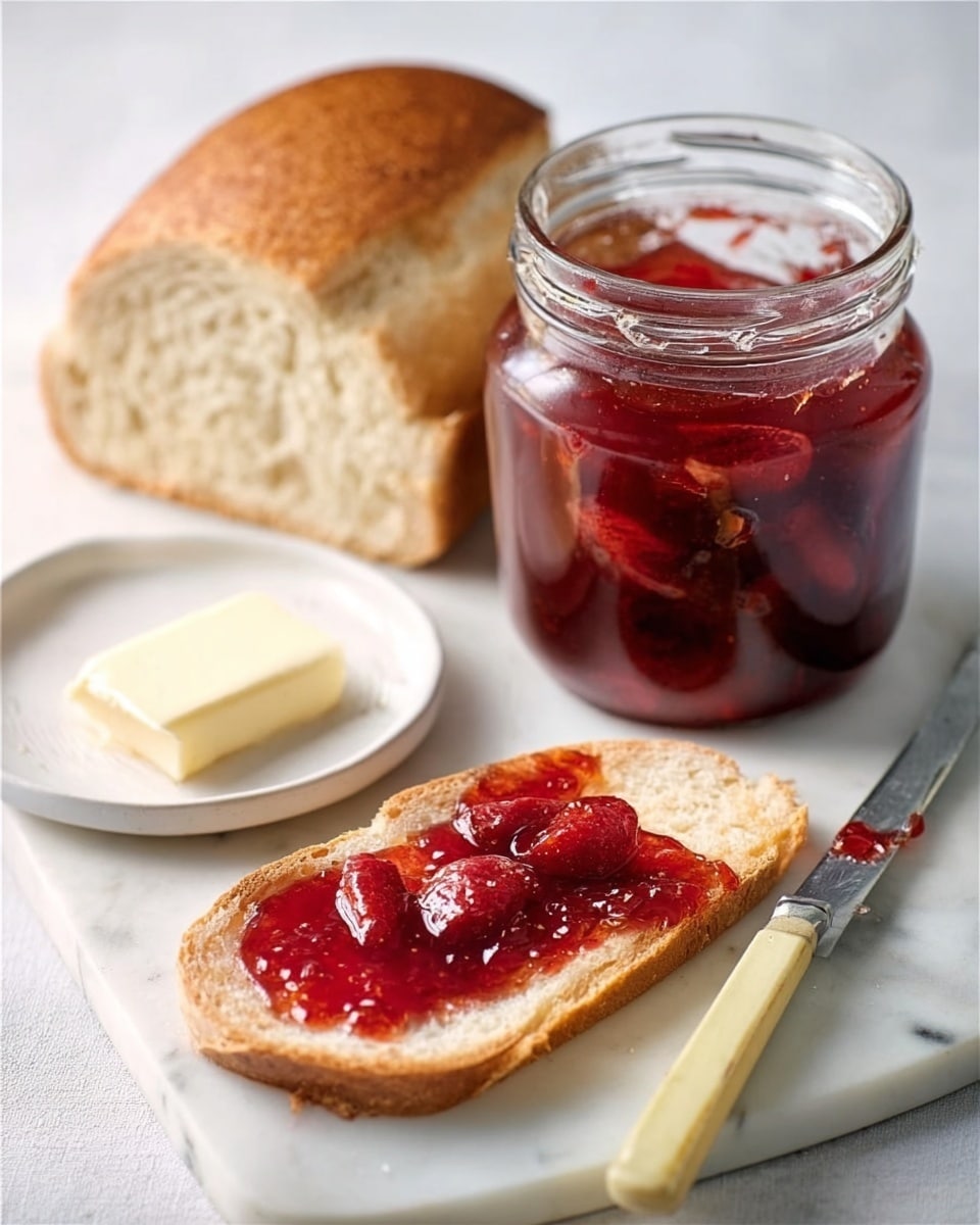 The image shows a loaf of white bread with a rough crust sitting on a white marbled surface, with one thick slice cut and spread with a shiny, deep red jam containing visible whole fruit pieces. Next to the slice is a silver knife with a pale yellow handle, smeared with jam. To the right of the jam-covered slice is a clear glass jar filled with the same dark red jam, the jar having a metal clasp and orange rubber seal. In the background, there is a white plate holding a square piece of pale yellow butter. The scene is bright and clean. Photo taken with an iphone --ar 4:5 --v 7