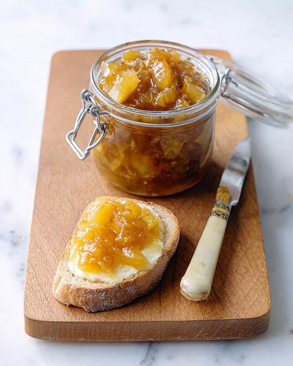 A glass jar filled with thick, golden-brown chutney containing small fruit pieces sits on a wooden board. In front of the jar, there is a slice of crusty bread spread with creamy butter and topped with a dollop of the chutney. A knife with a light yellow handle rests on the board, with some chutney on its blade. The background is a white marbled texture. photo taken with an iphone --ar 4:5 --v 7