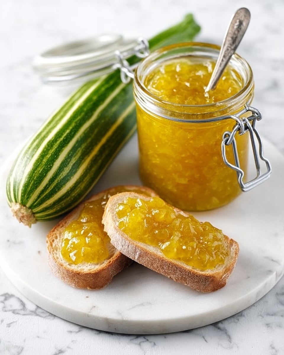 The image shows a white round plate placed on a white marbled surface. On the plate, there is a large green zucchini with light green stripes resting on the left side. Next to it, towards the right, is a clear glass jar filled with yellow chunky jam. The jar has a metal clasp and a small silver spoon sticking out from the top. In front of the jar, two slices of bread, cut in half diagonally, are spread with the same yellow jam, showing the shiny, gel-like texture with visible fruit pieces. photo taken with an iphone --ar 4:5 --v 7