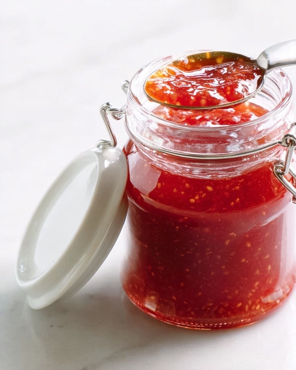 The image shows a clear glass jar filled with thick, red-orange jam with visible fruit bits. The jar is open, with its white lid resting nearby on a white marbled surface. A silver spoon, held by a woman's hand, is dipped into the jar and lifted, holding a spoonful of the jam. The background is clean and bright white. photo taken with an iphone --ar 4:5 --v 7