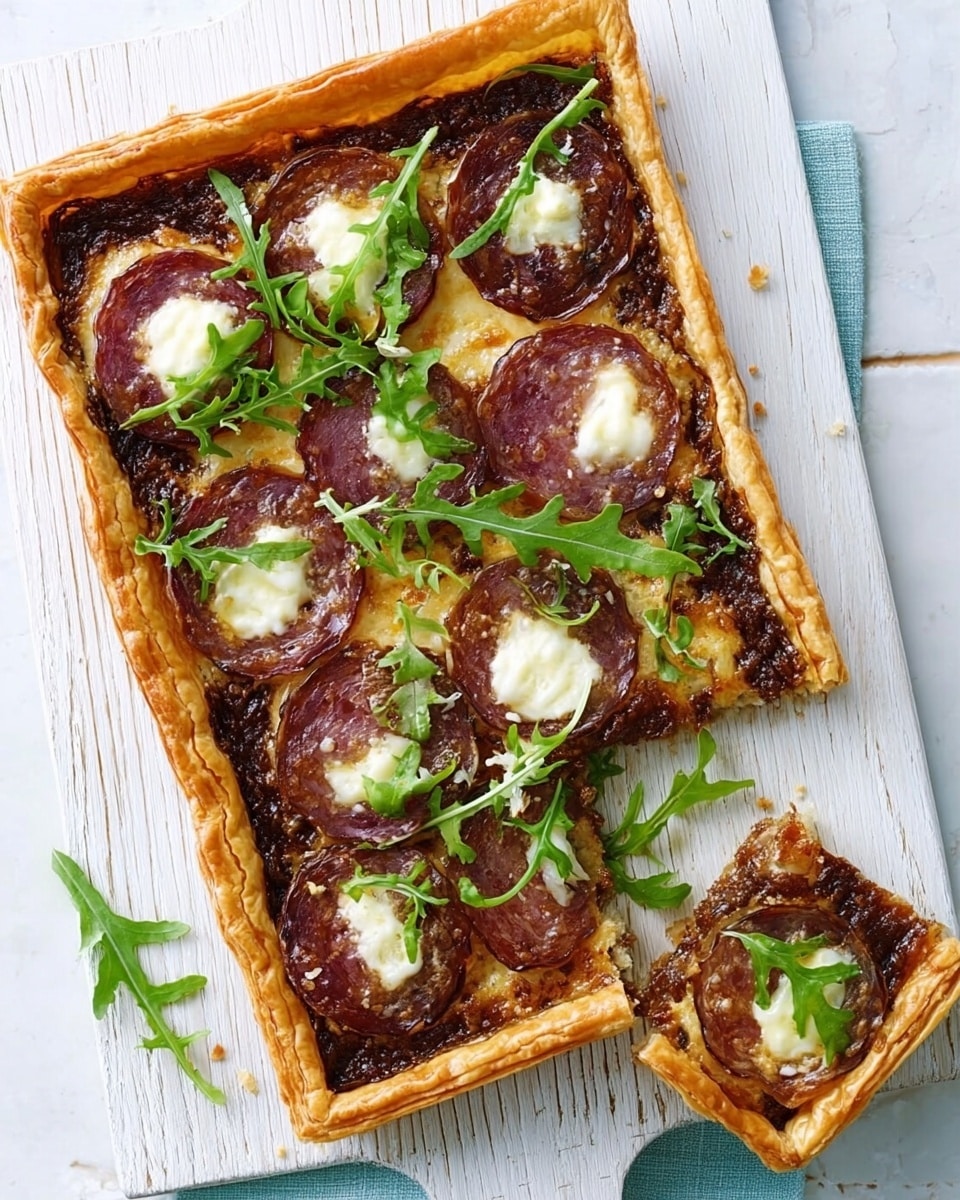 The image shows a rectangular tart with a golden, puffy crust that forms a thick, raised border around the edges. The first layer inside the crust is a dark sauce spread evenly, topped with small round slices of dark brown meat placed across the surface. Melted white cheese blobs are scattered on top, some with golden melted spots, giving a textured look. Fresh green arugula leaves are sprinkled on top, adding a fresh and lively green color. One piece of the tart is cut and slightly pulled out. The tart is on a white wooden board, placed on a white marbled textured surface. Photo taken with an iphone --ar 4:5 --v 7
