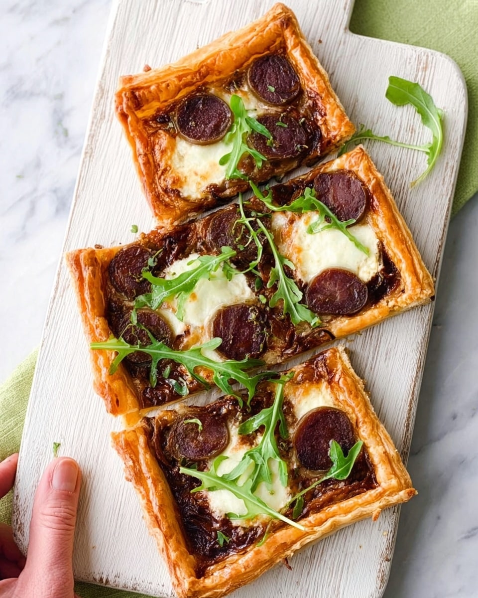 The image shows a white rectangular puff pastry tart with a golden-brown flaky crust around the edges. The first layer is a dark brown sauce spread evenly on the base. On top, there are round slices of reddish-brown meat scattered across the tart. Melted white cheese blobs are spread over the meat, some slightly browned. Fresh green arugula leaves are sprinkled over the entire tart, adding a light touch of color. The tart sits on a light wooden board, and a white marbled surface is visible underneath. A woman's hand is holding one sliced piece of the tart, lifting it slightly. photo taken with an iphone --ar 4:5 --v 7