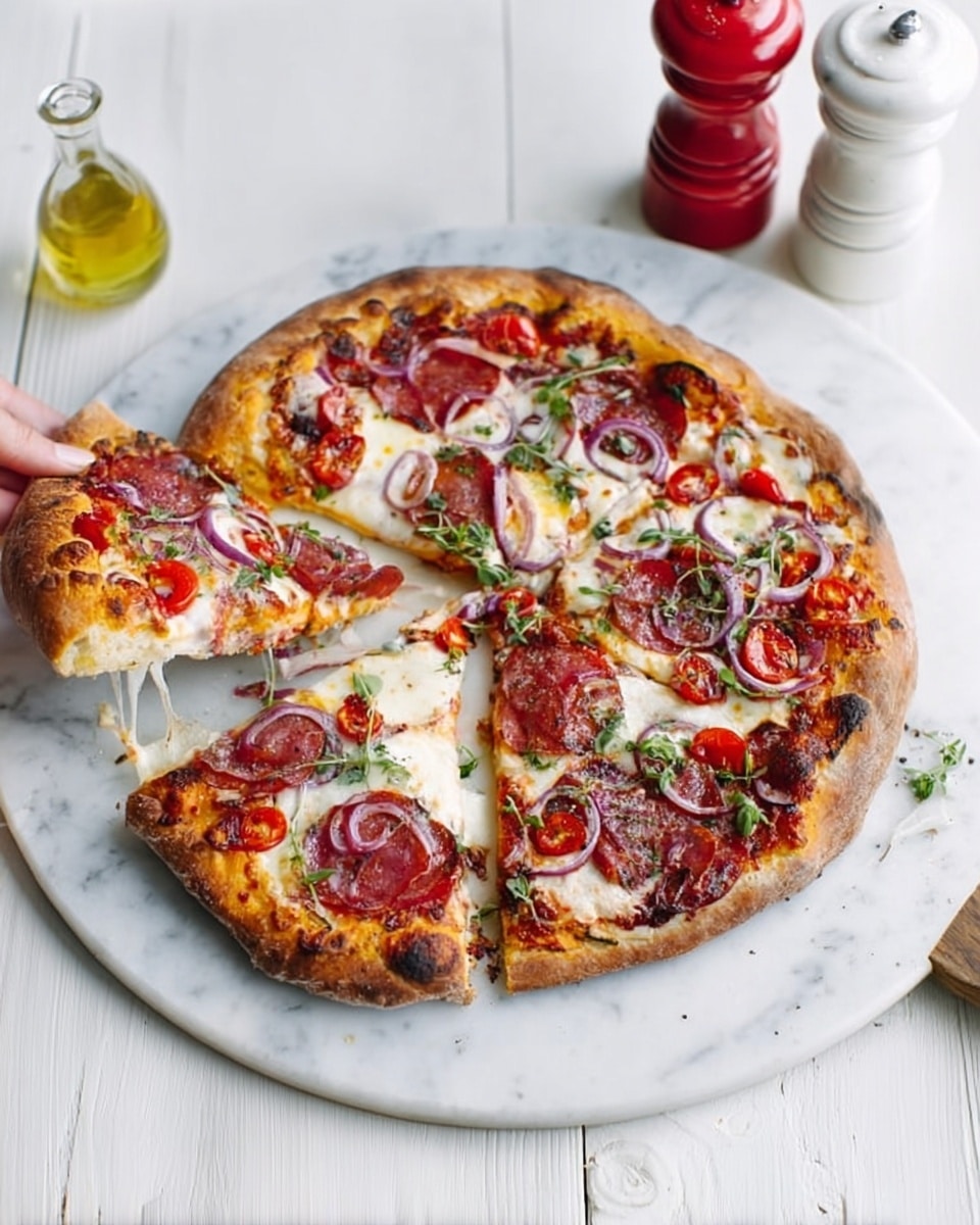 A round pizza with a thick, golden-brown crust placed on a white marble textured surface. The pizza has a base layer of red tomato sauce spreading evenly across, topped with melted white cheese forming soft, round patches. There are layers of thin, red slices of pepperoni and folded dark red salami scattered on top. Thin light purple onion rings and small sprigs of green herbs are spread over the pizza for added texture and color. A wooden pizza peel with some tomato sauce on it lies next to the pizza. In the background, there are white and red pepper shakers and a bottle of olive oil. Photo taken with an iphone --ar 4:5 --v 7