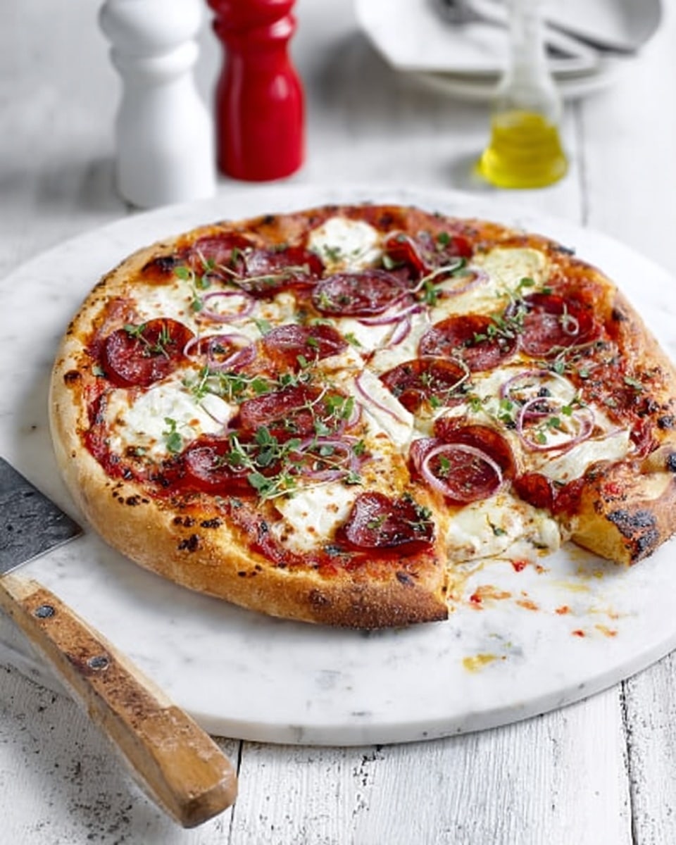 A round pizza is placed on a white marble board with a wooden pizza peel underneath, showing a thick, golden-brown crust with slightly burnt edges. The pizza has three main layers: the bottom layer is red tomato sauce spread evenly, the middle layer has melted white mozzarella cheese in round slices, and the top layer features thin slices of reddish pepperoni, fresh green herbs, and small pieces of red onion scattered around. A woman's hand is removing one large slice from the pizza. The surface underneath is white marbled texture with some cooking items like a white salt shaker, red pepper grinder, and an olive oil bottle nearby. Photo taken with an iphone --ar 4:5 --v 7
