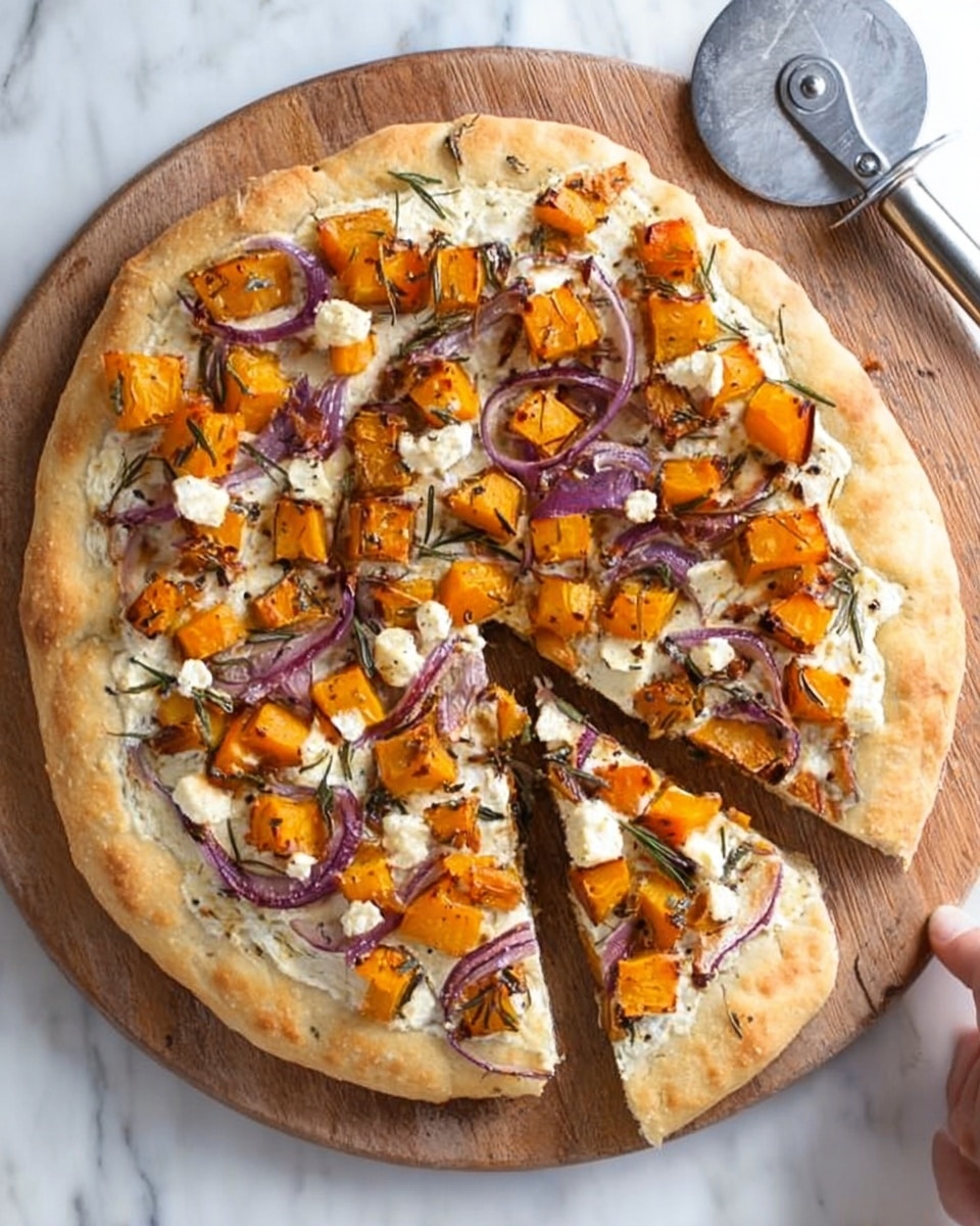 The image shows a round pizza with a thick, golden-brown crust resting on a wooden pizza board. The pizza has one slice slightly pulled out, revealing its soft dough underneath. The toppings are spread evenly across the pizza, starting with a layer of small orange cubes of roasted butternut squash, scattered pieces of thin red onion slices, and sprigs of fresh rosemary. Dollops of creamy white cheese are placed on top, creating a contrast with the orange and purple colors. The background is a white marbled texture, and a metal pizza cutter is placed near the pizza with a woman's hand holding its handle. Photo taken with an iphone --ar 4:5 --v 7