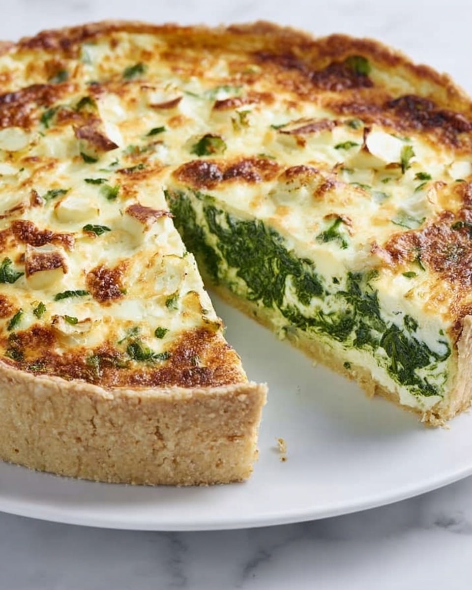 A round quiche with one slice taken out, showing a slightly thick crust that is golden-brown and flaky on the edges, filled with a creamy, off-white mixture that has green pieces of vegetable (likely spinach or peas) and small browned spots on top. The top layer is set with a slightly browned, bubbly texture, and there are some small chunks of white cheese or vegetables embedded within. It is placed on a white plate on a white marbled surface. photo taken with an iphone --ar 4:5 --v 7