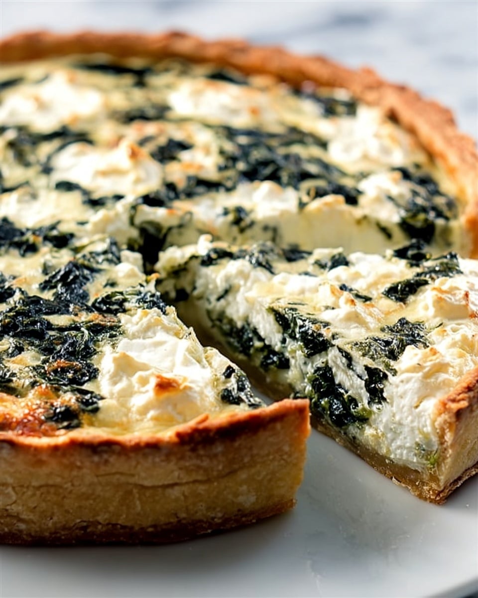 A close-up image of a spinach quiche sliced on a white plate showcasing a thick golden brown crust at the bottom with a slightly crumbly texture. The filling consists of creamy white mixture with visible layers of wilted dark green spinach leaves spread evenly throughout. Small dollops of soft white cheese are scattered on top, slightly melted, adding texture contrast. The surface is smooth with some light golden spots indicating it has been baked. The white marbled background adds a clean and bright feel to the image. Photo taken with an iphone --ar 4:5 --v 7