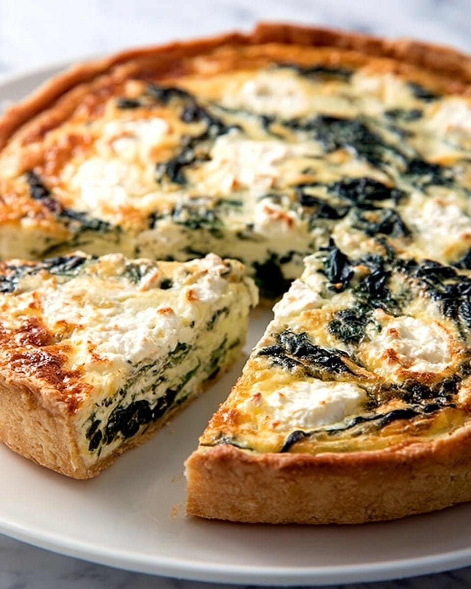 A close-up view of a slice of quiche taken out from the whole round quiche on a white plate. The quiche has a golden-brown crust around its edge forming one layer, followed by a creamy pale yellow filling with visible pieces of dark green spinach spread evenly throughout. There are also small dollops of soft white cheese scattered on top of the filling, giving texture contrast. The surface beneath the plate is a white marbled texture. Photo taken with an iphone --ar 4:5 --v 7