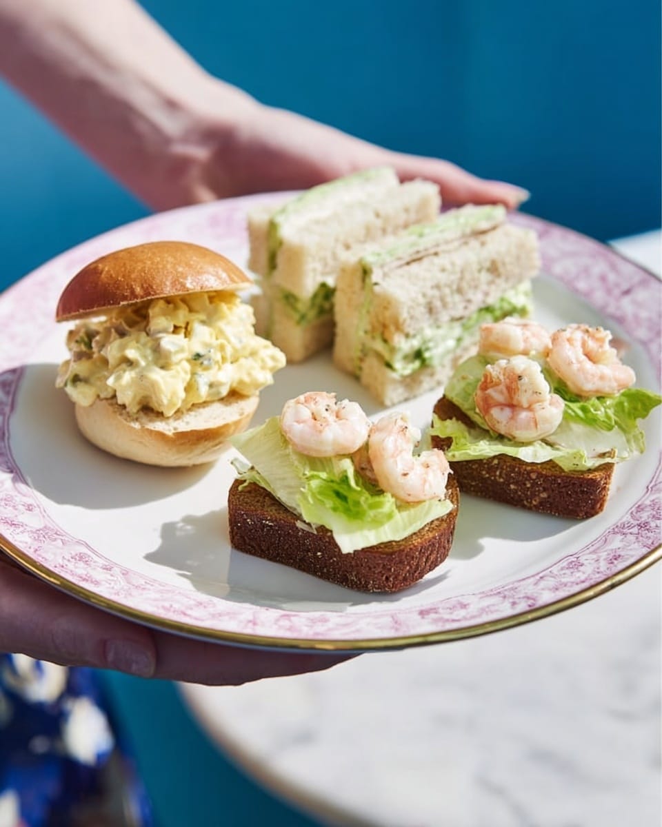 A white woman's hand holds a round pink plate with a gold edge, containing three types of small sandwiches. In the front left, there is a small sandwich with a golden-brown bun filled with a creamy egg salad, showing layers of white and yellow egg pieces. Next to it on the right are two dark brown rectangular pieces of bread topped with light green lettuce, creamy white spread, and two small pink shrimp with some red seasoning on top. At the back right of the plate are two beige crustless rectangular finger sandwiches stacked on one another, with a thin green filling visible between the layers. The background is a white marbled texture with a blue wall behind. photo taken with an iphone --ar 4:5 --v 7