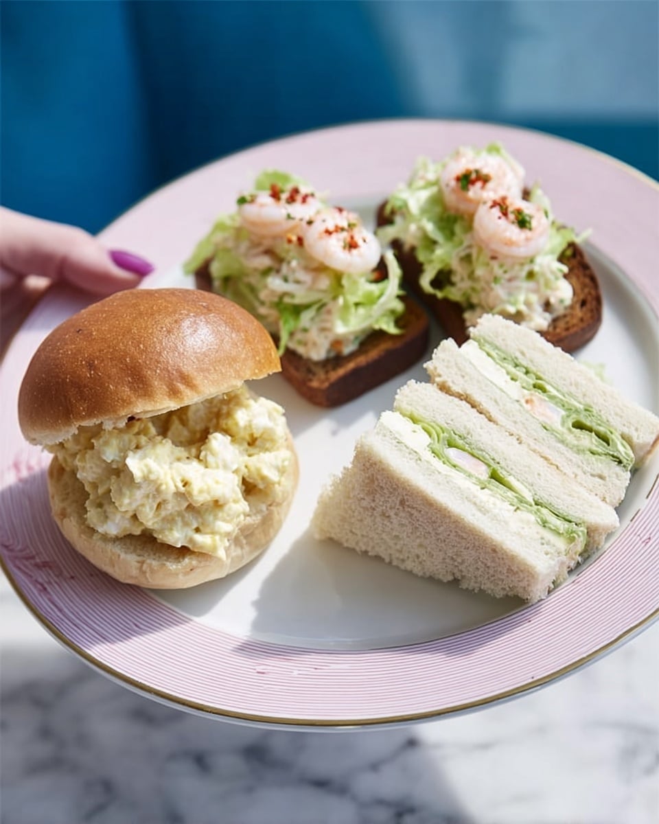 A pink plate edged with gold holds three different sandwiches, set against a blue background and white marbled surface. On the left, there is a soft golden-brown bun sandwich filled with creamy egg salad that shows bits of green herbs. To the right behind, there are two simple white bread sandwiches cut into small rectangles, with a light green spread inside. At the front right, two dark brown rye bread pieces serve as a base topped with a pale creamy spread, thin pale green slices of cucumber, small shrimp, and a sprinkle of red spice on top. A woman's hand with black nail polish holds the plate from below. Photo taken with an iphone --ar 4:5 --v 7