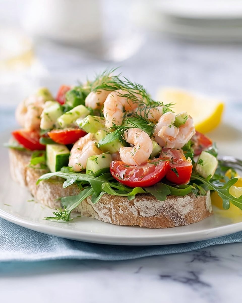 The image shows an open sandwich on a white plate placed over a white marbled surface with a light blue cloth underneath. The sandwich is made with a single thick slice of rustic bread as the base. On top, there is a green leafy layer, followed by a layer of halved red cherry tomatoes and diced green cucumbers. Piled on top are several small pink shrimp mixed with fresh dill. To the side of the sandwich, there is a lemon wedge. In the background, a woman's hand is holding a small slice of bread. Photo taken with an iphone --ar 4:5 --v 7