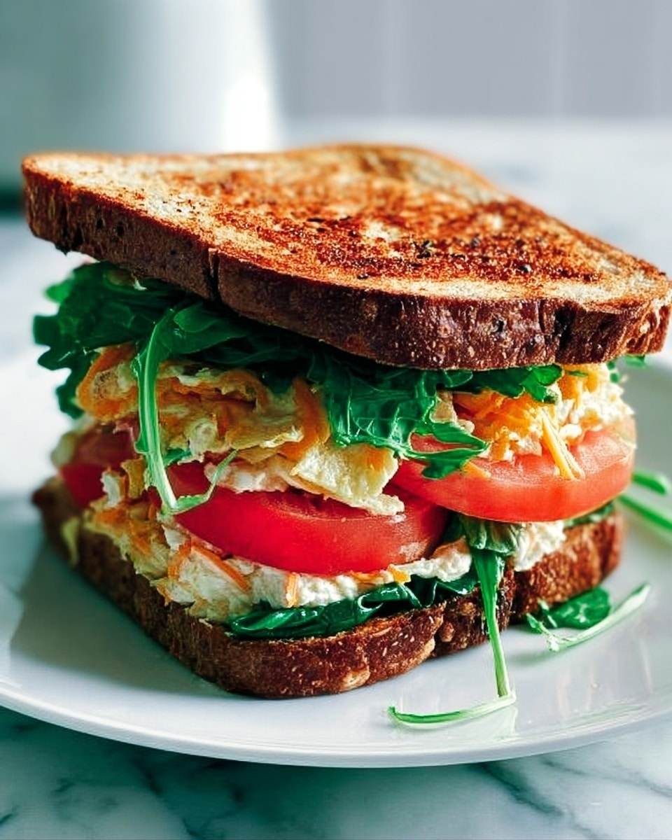 A sandwich with three layers of toasted brown bread stacked on a white plate, placed on a white marbled surface. The bottom layer of bread holds fresh green leafy spinach and thick slices of red tomato. The middle layer contains shredded light orange carrot and creamy white spread. The top layer of bread has more fresh green spinach leaves and red tomato slices, lightly toasted with a golden brown texture. photo taken with an iphone --ar 4:5 --v 7