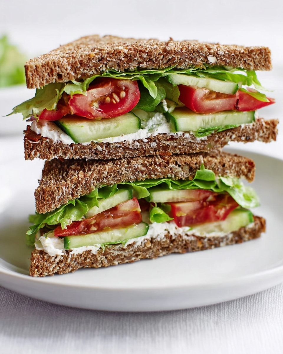 The image shows two sandwich halves on a white plate, placed on a white marbled surface. Each sandwich is made of three layers of dark brown bread with a rough, porous texture. The bottom layer contains green lettuce and slices of red tomato. The middle layer has white cream cheese, bright green spinach leaves, and more red tomato slices. The top layer is the dark bread slice with the same rough texture. The sandwiches are stacked neatly and cut into triangles. photo taken with an iphone --ar 4:5 --v 7