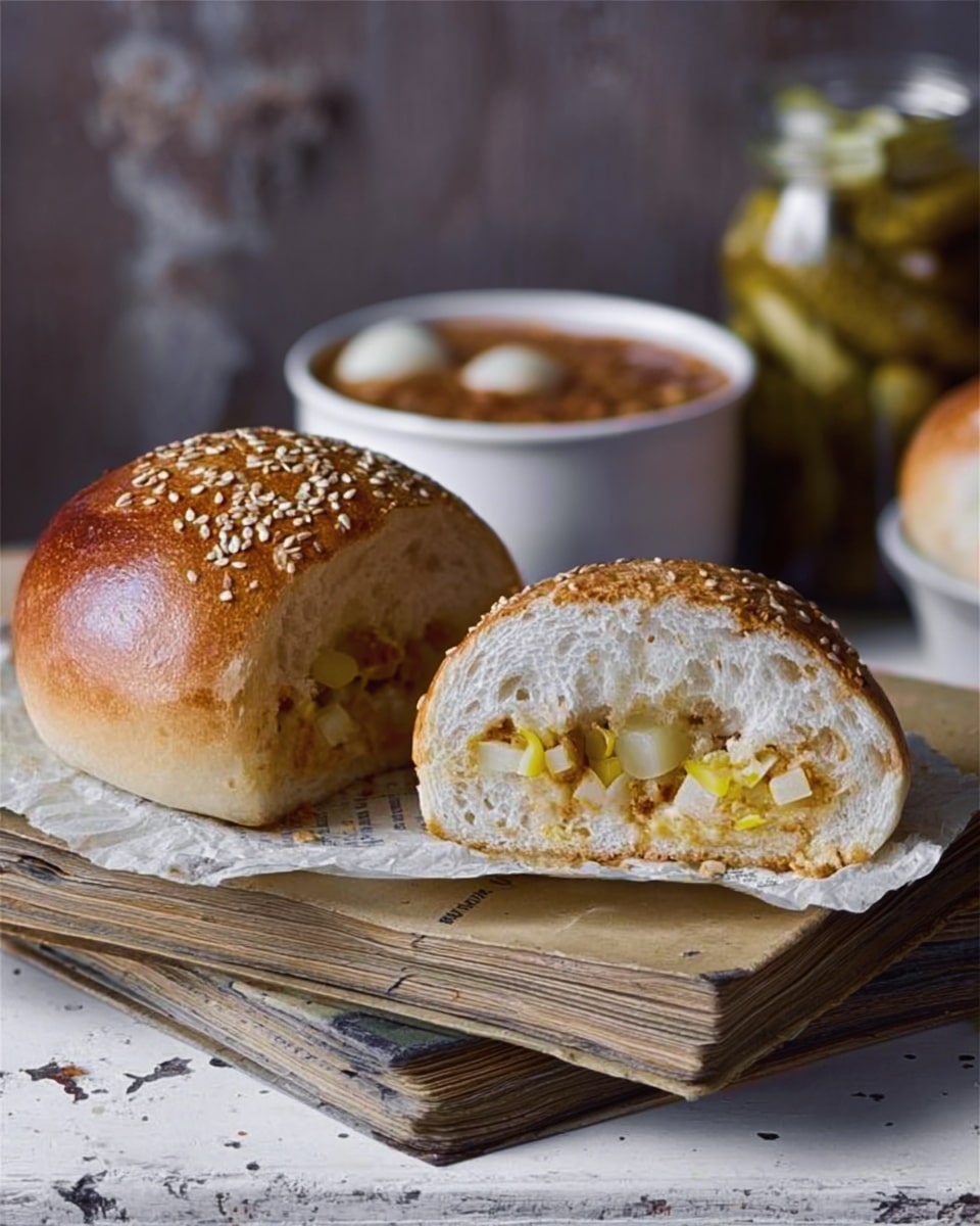 The image shows two round bread rolls with a golden brown crust topped with sesame seeds. One roll is whole, while the other is cut in half, revealing an inside filled with small chunks of pale yellow cheese and light brown pieces. These rolls rest on an old book with a dark cover, placed on a white marbled surface. In the background, there is a white bowl filled with a reddish-brown food, and to the right, a clear glass jar filled with small pickles is visible. A spoon sticks out from the bowl. The setting has a rustic and cozy look. Photo taken with an iphone --ar 4:5 --v 7