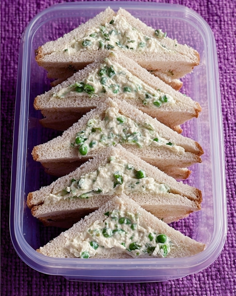 The image shows a clear container holding five triangular sandwiches stacked neatly in a row. Each sandwich has three layers of light brown bread with a thick filling in between. The filling is creamy white with small green pieces, possibly chopped vegetables or herbs, giving it a textured look. The container is placed on a purple woven cloth, and the sandwiches appear fresh and soft. photo taken with an iphone --ar 4:5 --v 7