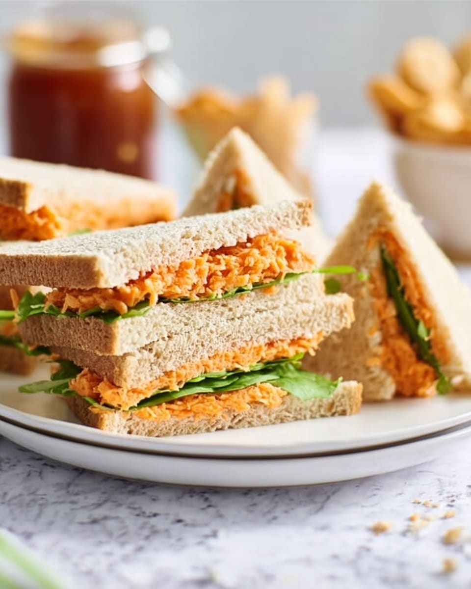 The image shows a stack of three sandwich triangles on a white plate. Each sandwich has two light brown whole wheat bread slices. Inside, there is one layer of bright orange shredded carrot and another layer of green leafy lettuce, adding color and texture. The sandwiches are neatly cut and arranged close to each other, with more sandwiches and small food items blurred softly in the background on a white marbled surface. photo taken with an iphone --ar 4:5 --v 7