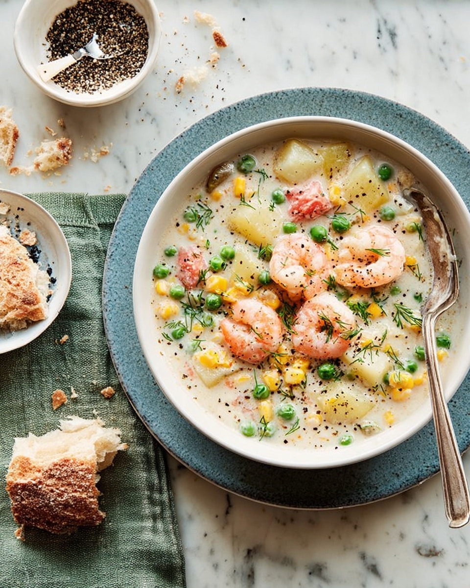 A white bowl filled with creamy seafood chowder rests on a round plate. The chowder has big pink shrimp on top, scattered with bright green peas, yellow corn kernels, and diced white potatoes, all mixed in a thick white creamy broth. Fresh chopped green herbs and a sprinkle of black pepper add color and texture on the surface. A metal spoon is inside the bowl, partially dipped in the chowder. To the left, a piece of torn crusty bread sits nearby with some crumbs around it. A small white dish with ground black pepper is placed near the bread. The setup is on a white marbled surface with a textured blue-grey cloth under the plate. Photo taken with an iphone --ar 4:5 --v 7