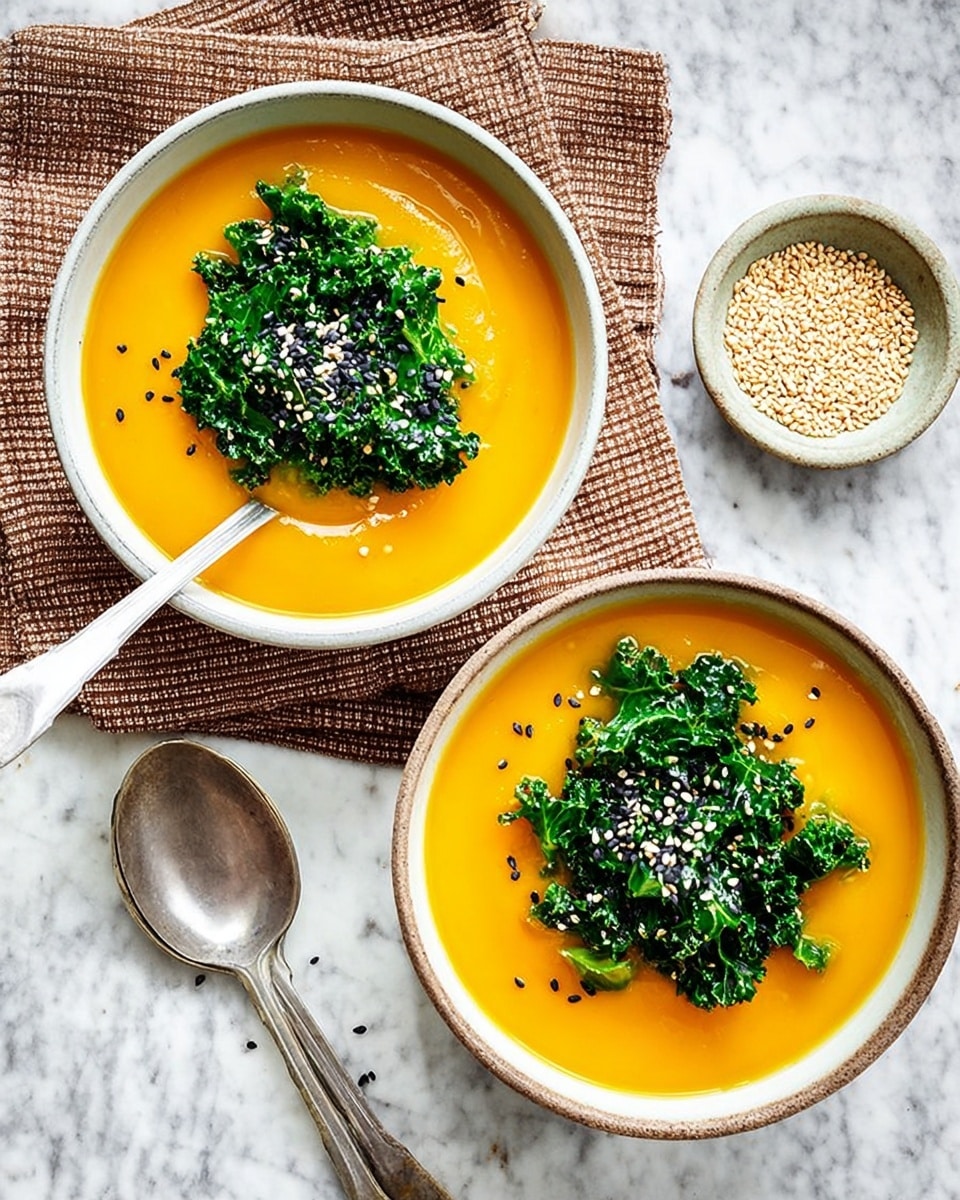 Two white bowls filled with smooth, bright orange soup are placed on a white marbled surface. Each bowl has a green leafy garnish in the center, sprinkled with small white sesame seeds. One bowl has a silver spoon inside, resting on a brown and white checkered cloth beneath it, while the other bowl has a silver spoon beside it on the surface. Near the bowls, there is a small brown bowl filled with sesame seeds, some seeds scattered around it. The lighting shows the texture of the soup and the crispness of the garnish clearly. photo taken with an iphone --ar 4:5 --v 7