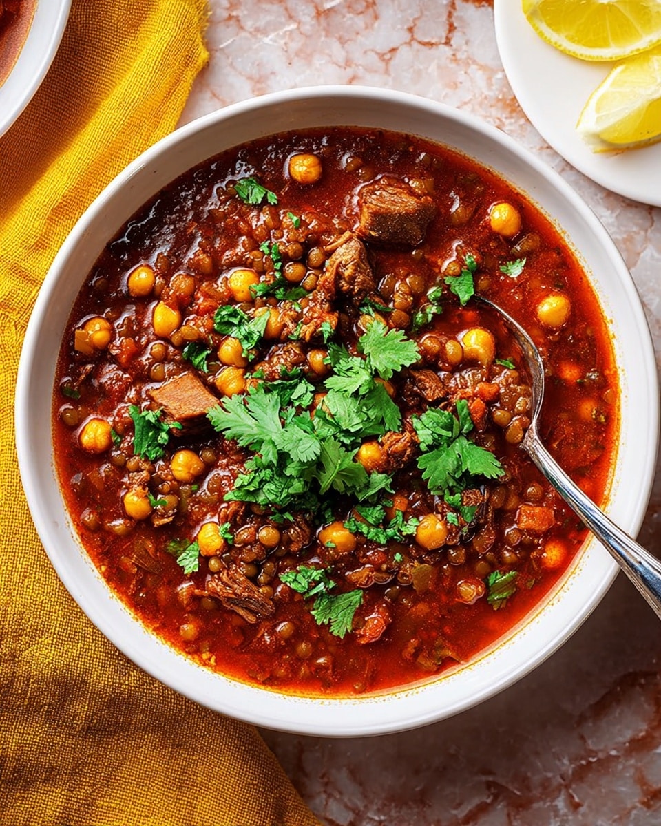 A white bowl filled with thick, rich red stew showing a mix of chickpeas, lentils, and chunks of brown meat, topped with bright green fresh cilantro leaves scattered over the surface. The stew has a hearty and textured look with visible pieces of vegetables and a slight glisten from the sauce. A silver spoon rests inside the bowl, and the bowl sits on a white marbled surface beside a yellow cloth and a lemon wedge on a white dish partly shown. photo taken with an iphone --ar 4:5 --v 7