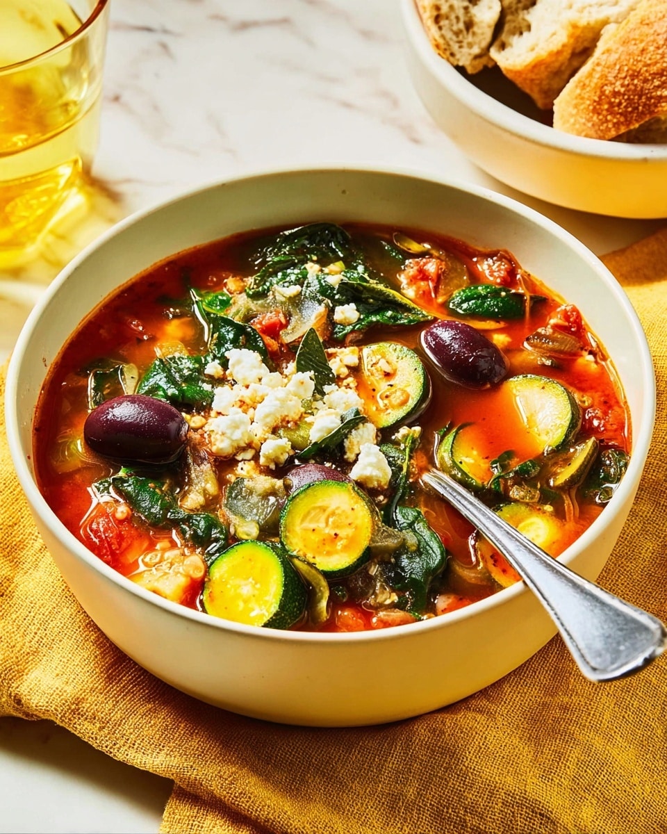 A white bowl filled with a vibrant vegetable soup in a red broth, with visible layers including dark green spinach leaves floating on top, large chunks of light green zucchini, white chunks of soft cheese, and whole green and dark purple olives scattered throughout. There's also a mix of diced orange carrots and beige beans at the bottom. A silver spoon is resting inside the bowl. The bowl is set on a yellow cloth over a white marbled surface. Photo taken with an iphone --ar 4:5 --v 7
