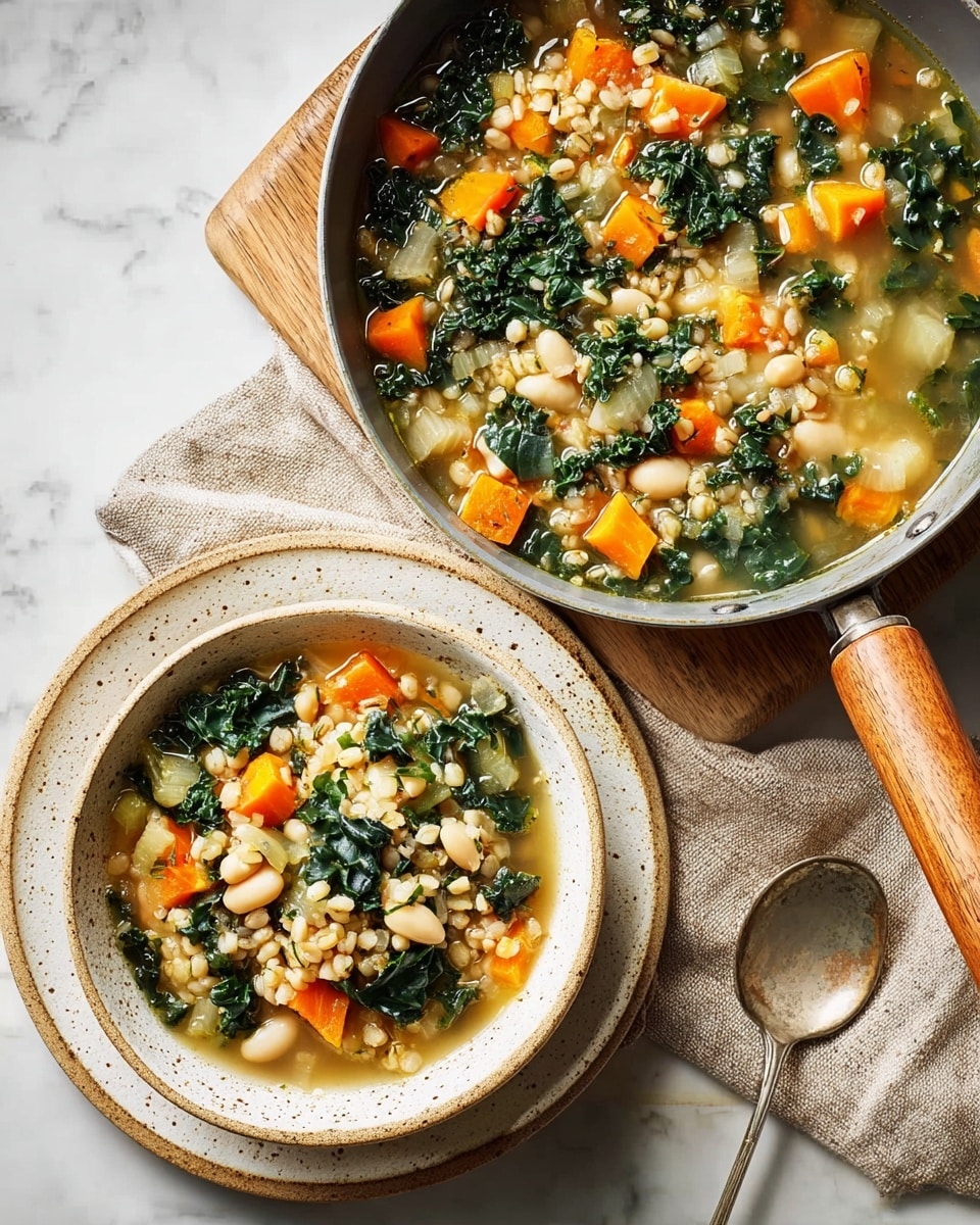 The image shows a thick soup featuring multiple layers of ingredients visible through a clear broth. The soup contains dark green kale leaves, small white beans, light yellow chickpeas, orange carrot chunks, and small pieces of translucent white onion and barley, all mixed evenly. The soup is served in a white pan with a wooden handle and a white bowl, which sits on a white plate with a subtle texture. The background is a white marbled surface, with a beige textured cloth under the pan. photo taken with an iphone --ar 4:5 --v 7