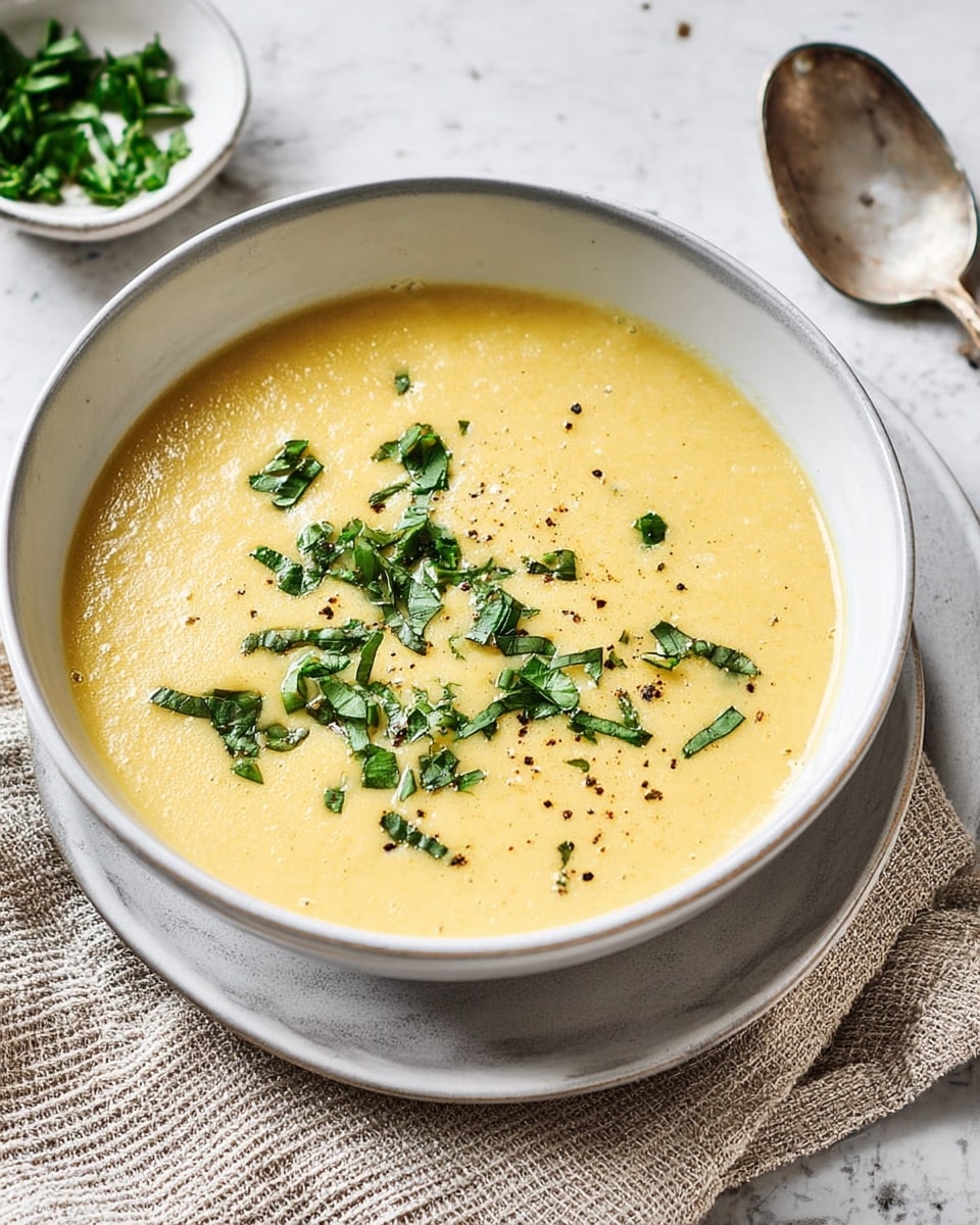A white bowl filled with smooth, thick yellow soup is stacked on another white bowl and placed on a folded beige cloth. The soup surface is shiny and creamy, garnished with chopped green herbs scattered unevenly on top along with a few black pepper specks. A shiny silver spoon rests on the left side near the bowls, and a small white dish with extra chopped green herbs is partially visible to the right. The background shows a white marbled texture. photo taken with an iphone --ar 4:5 --v 7