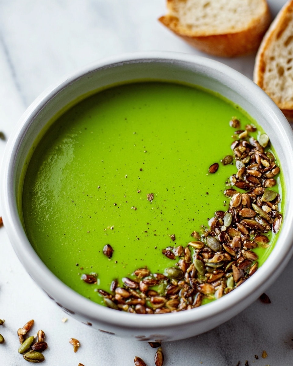A white bowl filled with a smooth, bright green soup that covers the entire base evenly. On the top right side of the bowl, a layer of toasted mixed seeds, including pumpkin and sunflower seeds, adds a crunchy texture with a shiny golden-brown color. The rest of the soup surface stays plain and vibrant green. Next to the bowl is a small piece of light brown crusty bread. The bowl is placed on a white marbled surface. Photo taken with an iphone --ar 4:5 --v 7