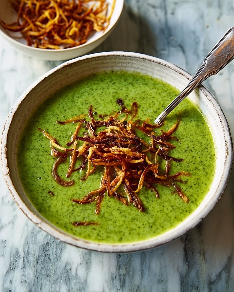 A close-up of a gray bowl filled with a smooth, thick green soup as the base layer, topped with a small pile of thin, golden-brown crispy fried strips in the center. A spoon is resting inside the bowl on the left edge with its handle pointing outward. In the background, a small white bowl with more crispy strips is visible on a white marbled surface. The lighting highlights the creamy texture of the soup and the crunchy texture of the strips. photo taken with an iphone --ar 4:5 --v 7