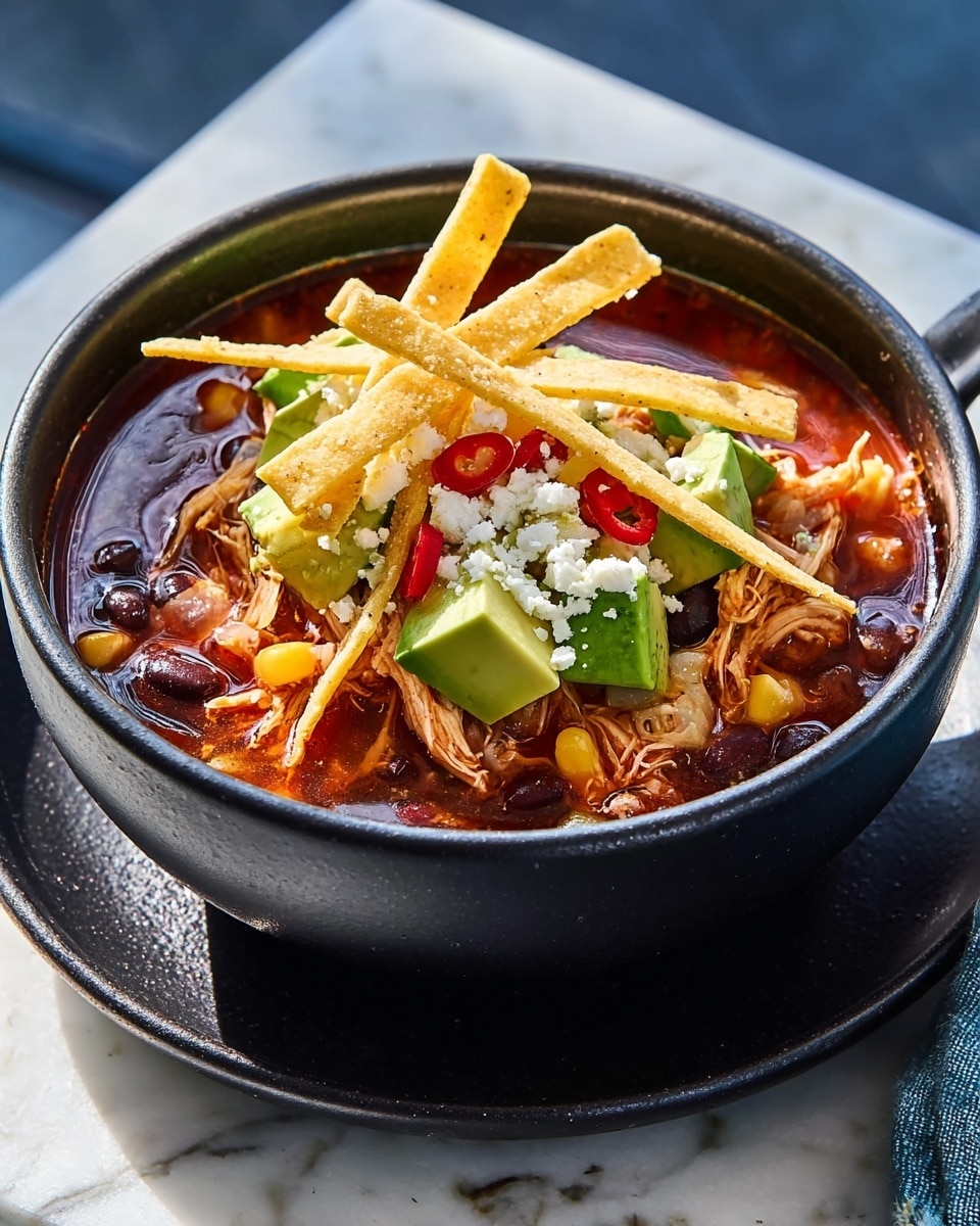 A black bowl filled with a rich, red broth containing shredded chicken and black beans as the main base layer. On top, there are chunks of bright green avocado, small slices of red chili, and a sprinkling of white crumbled cheese. Thin, golden-brown fried tortilla strips are stacked across the top, adding a crunchy texture. The bowl sits on a matching black stand against a white marbled background. photo taken with an iphone --ar 4:5 --v 7
