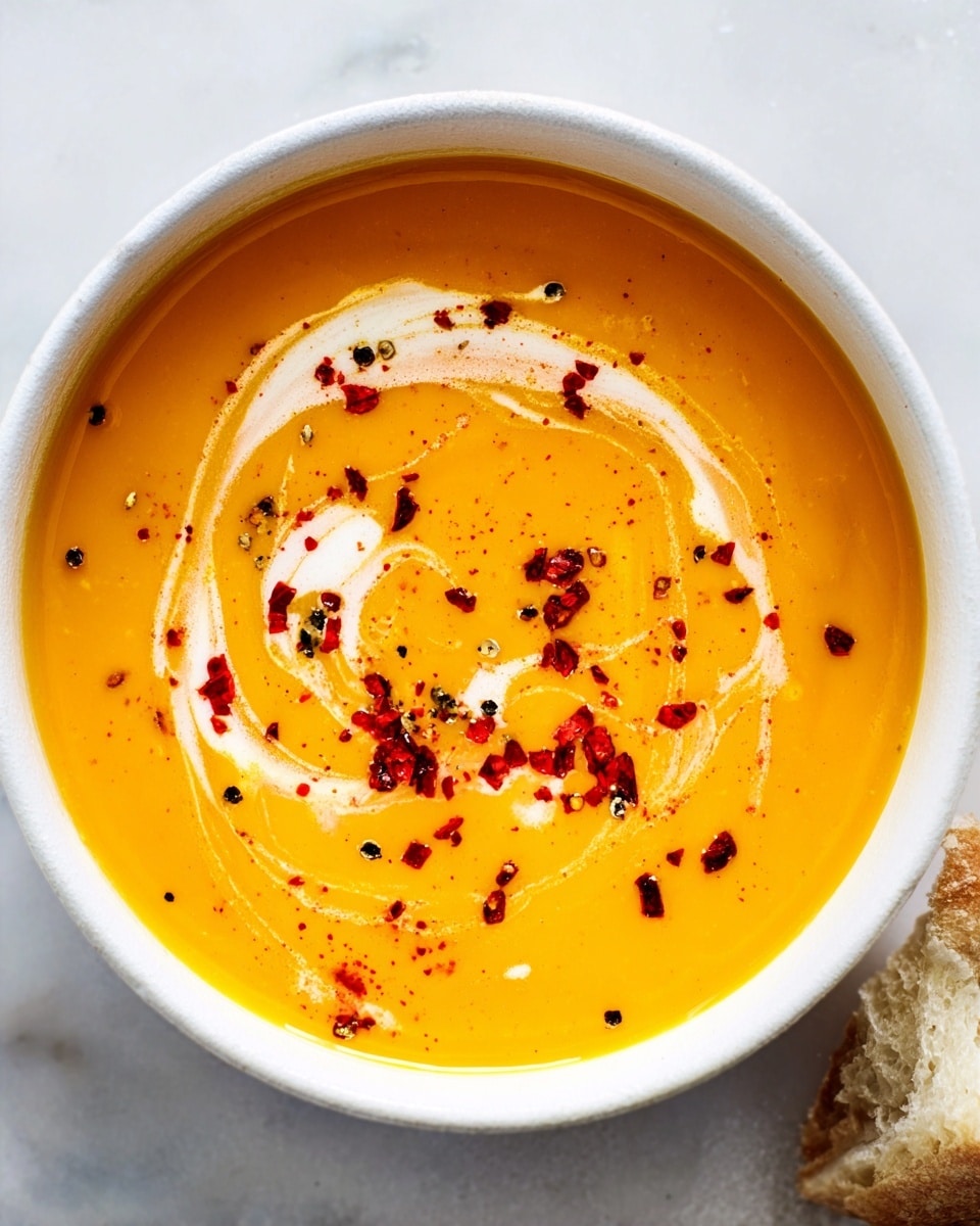 A white bowl filled with smooth, bright orange soup takes up most of the image. On top of the soup, there is a swirl of white cream and bright red spices sprinkled all around, adding color and texture. The bowl is set on a white marbled surface with a small piece of torn bread resting near the edge. The overall look is cozy and fresh. photo taken with an iphone --ar 4:5 --v 7