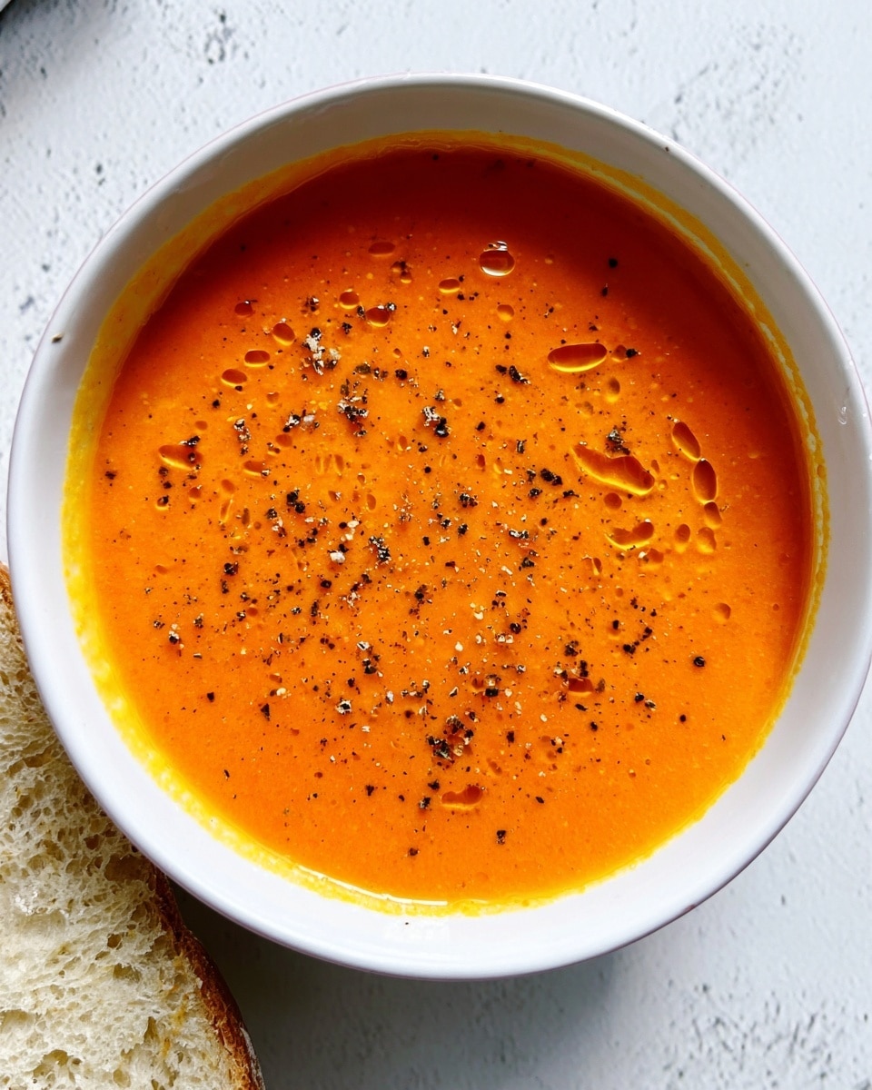 The image shows a white bowl filled with smooth, bright orange soup. The soup has a slightly shiny surface with small droplets of oil reflecting light, and it is sprinkled with small black pepper flakes for texture. The bowl sits on a white marbled surface, accompanied by pieces of light beige bread on the side. photo taken with an iphone --ar 4:5 --v 7
