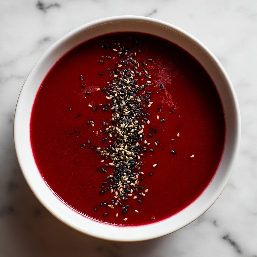 A round white bowl filled with a smooth deep red-purple thick soup, topped with a line of small black seeds sprinkled down the middle. The bowl is set on a white marbled surface that adds a clean and bright feel to the image. The soup has a uniform texture with a slight shine reflecting light, making it look fresh and creamy, photo taken with an iphone --ar 4:5 --v 7