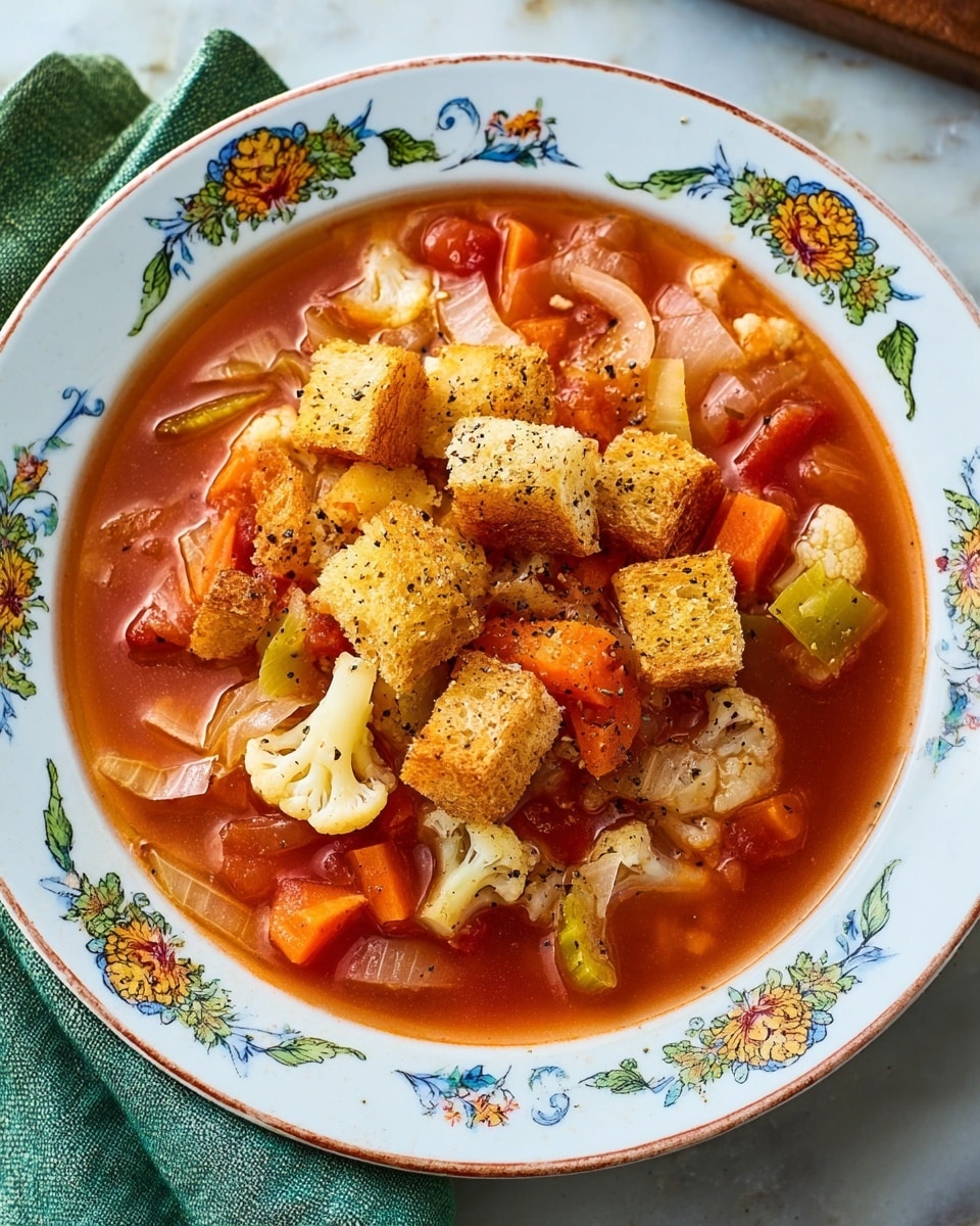 The image shows a white bowl with colorful floral patterns around the rim, filled with a vibrant vegetable soup. The soup has a red-orange broth base, with visible chunks of orange carrots, white onion strips, green zucchini pieces, and light beige cauliflower florets. On top, there are several golden brown croutons sprinkled with herbs, adding a crunchy texture. The bowl is placed on a white marbled surface, with a green cloth napkin beside it and some toasted bread in the background. Photo taken with an iphone --ar 4:5 --v 7