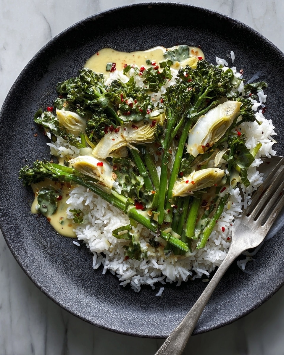 The dish shows a white plate filled with a base layer of fluffy white rice, scattered unevenly to cover most of the plate. On top, there is a mix of bright green broccolini and white artichoke hearts, with some thin slices of light green leek. A halved boiled egg with a bright yellow yolk rests near the center, partially covered in a light beige sauce. Small red chili flakes are sprinkled across the vegetables and rice, adding color contrast. A silver fork lies on the right edge of the plate, resting against the food. The plate is placed on a white marbled surface. Photo taken with an iphone --ar 4:5 --v 7