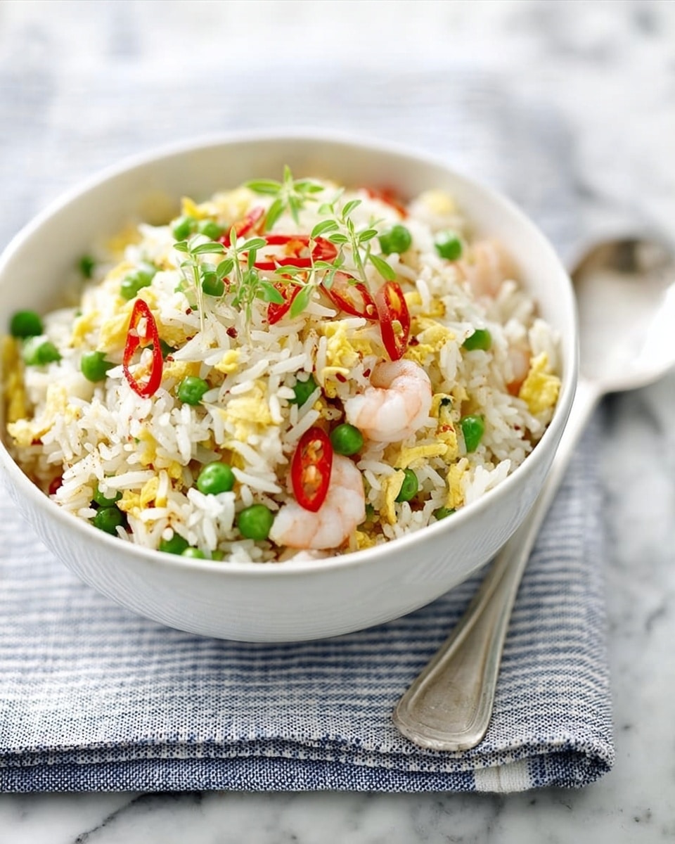 A white bowl filled with a three-layered dish: the bottom layer is fluffy white rice, the middle layer has small green peas, and the top layer shows cooked shrimp mixed with scrambled egg pieces and thin red chili slices. The bowl is on a blue and white striped cloth, placed on a white marbled surface with a silver spoon to the right side. The food looks fresh and colorful, with a nice mix of soft and crunchy textures. Photo taken with an iphone --ar 4:5 --v 7