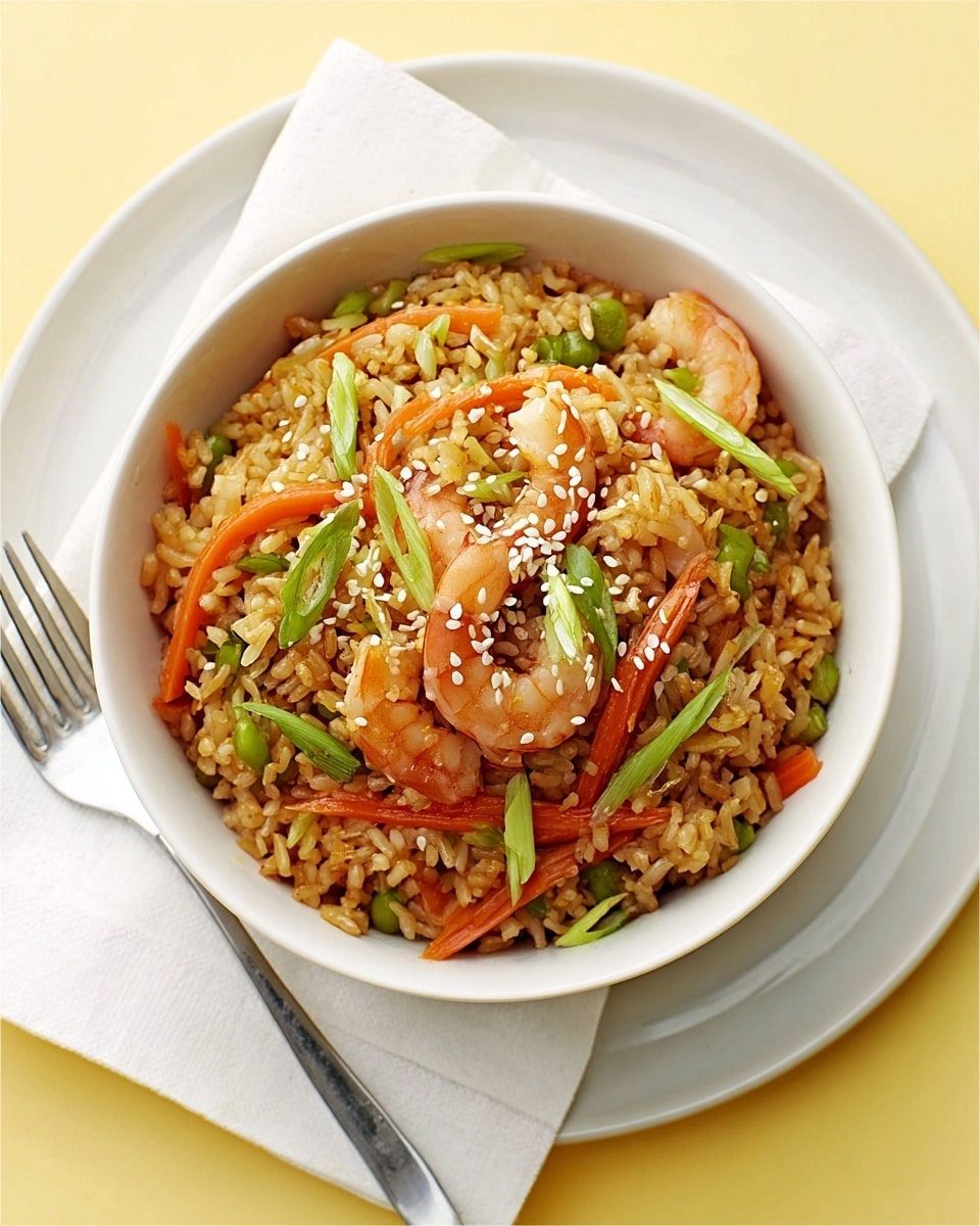 A white bowl filled with stir-fried rice mixed with small shrimp, sliced orange carrots, and thin green onion pieces, topped with a sprinkle of white sesame seeds. The rice has a light brown color, showing it is cooked with sauce. The bowl sits on a white plate with a folded white napkin and a fork resting on the side. The background is a white marbled texture with a soft yellow tint near the bottom. Photo taken with an iphone --ar 4:5 --v 7