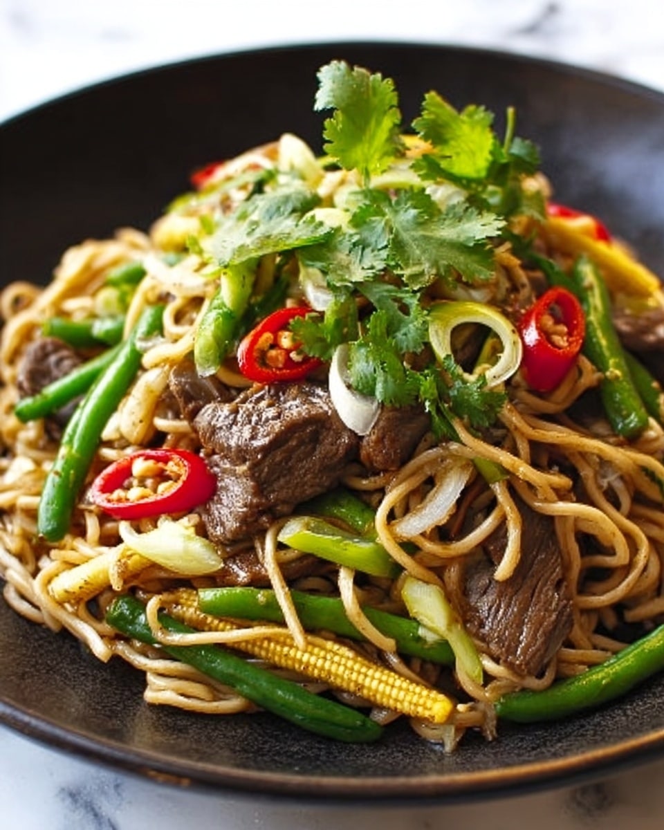 A close-up of a plate with three layers of food: the bottom layer is thick, pale yellow noodles twisted and spread out, the middle layer consists of small brown slices of cooked meat and light yellow baby corn scattered among the noodles, and the top layer includes fresh green sliced scallions and bright green cilantro leaves. The food is served on a white plate sitting on a white marbled surface. photo taken with an iphone --ar 4:5 --v 7