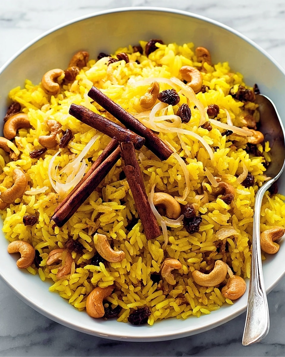 A white bowl filled with a large pile of yellow rice mixed with browned cashew nuts scattered on top and throughout, with small bits of dark brown raisins evenly spread inside, and a few long brown sticks placed on top for garnish, all sitting on a white marbled surface with a striped cloth nearby, photo taken with an iphone --ar 4:5 --v 7
