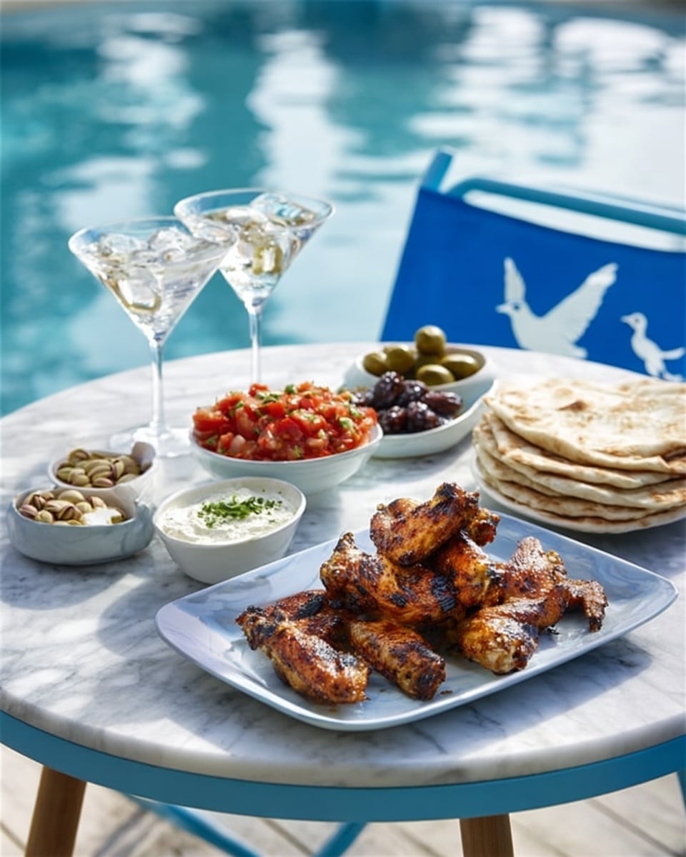 The image shows a small wooden table with two white square plates filled with a variety of foods, placed near a pool with blue water in the blurry background. On the left plate, there is a layer of grilled chicken wings that are golden-brown with some herbs on top, next to a small white bowl of creamy white dip with green herbs sprinkled on it, and another bowl filled with light brown pistachios. On the right plate, there is a stack of light brown pita bread, a bunch of green asparagus, a small white bowl with dark brown dates and green and black olives, and a small white bowl of red salsa with chopped tomatoes and herbs. Two clear martini glasses with a transparent drink are behind the plates. The entire setting is on a white marbled surface. Photo taken with an iphone --ar 4:5 --v 7