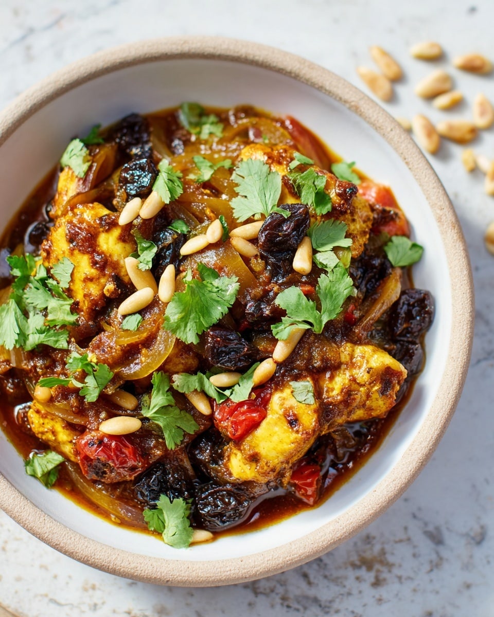 A round white bowl filled with a rich stew showing three layers: the bottom layer of dark brown sauce with a thick texture, the middle layer of golden yellow cooked chicken chunks mixed with soft cooked onions and pieces of red tomato, and the top layer of toasted light brown pine nuts scattered along with bright green cilantro leaves as garnish, all resting on a white marbled surface. Photo taken with an iphone --ar 4:5 --v 7