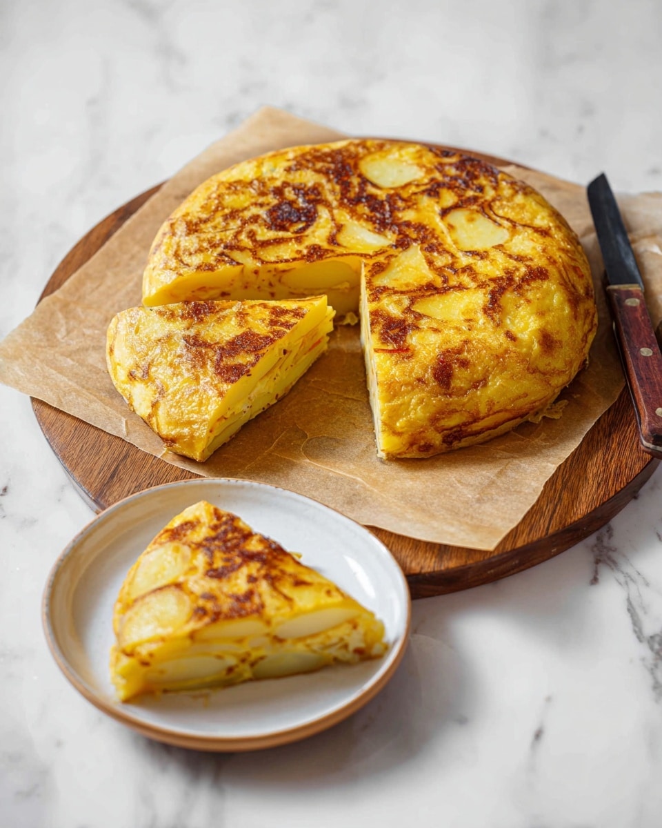 A round Spanish tortilla cut into four thick wedges, with the outer layer a golden brown and slightly crispy, showing its soft yellow inside with visible thin potato layers stacked evenly; one wedge is served on a small white plate with a light speckled pattern, placed on a white marbled surface, while the tortilla sits on a wooden board lined with parchment paper, accompanied by a wooden-handled knife. photo taken with an iphone --ar 4:5 --v 7